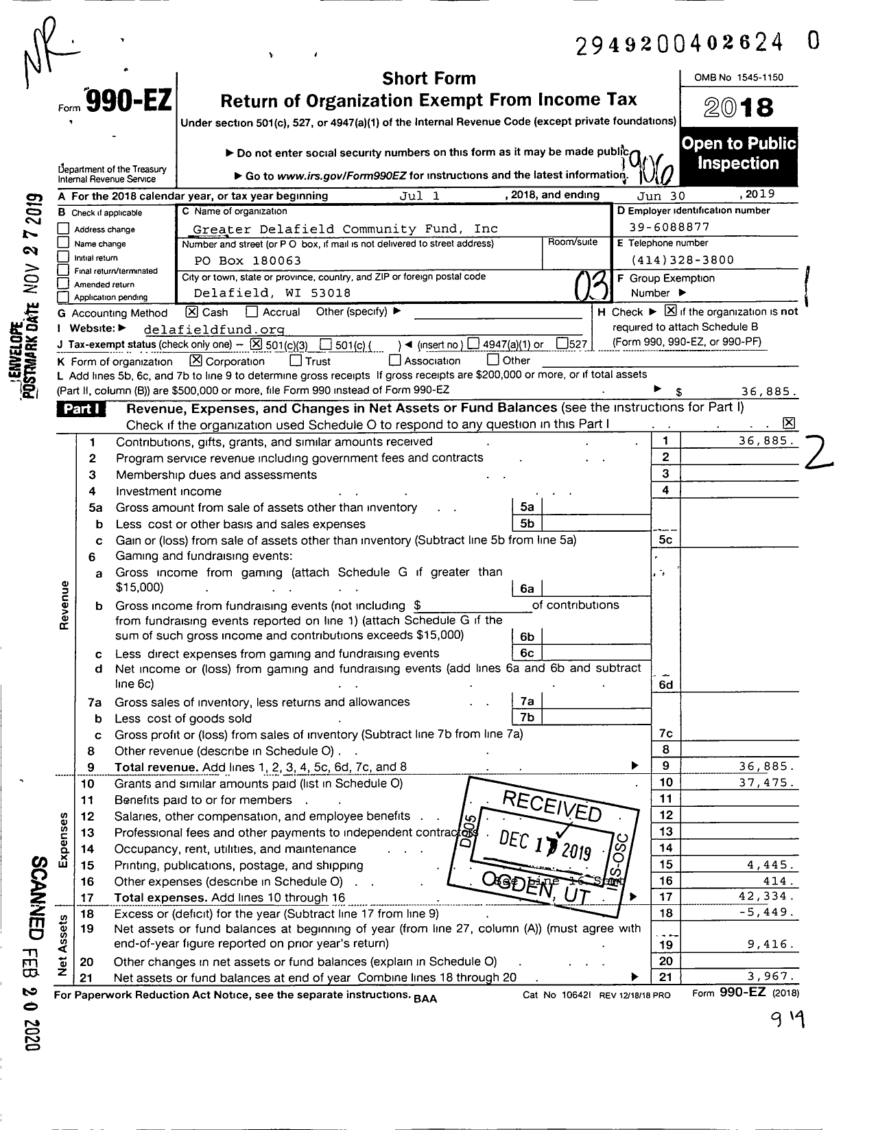 Image of first page of 2018 Form 990EZ for Greater Delafield Community Fund