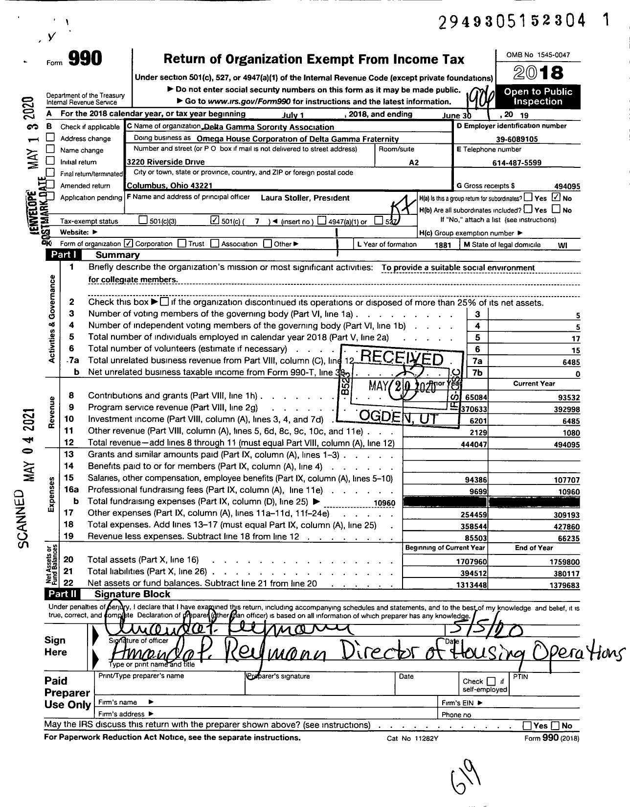 Image of first page of 2018 Form 990O for Omega House Corporation of Del