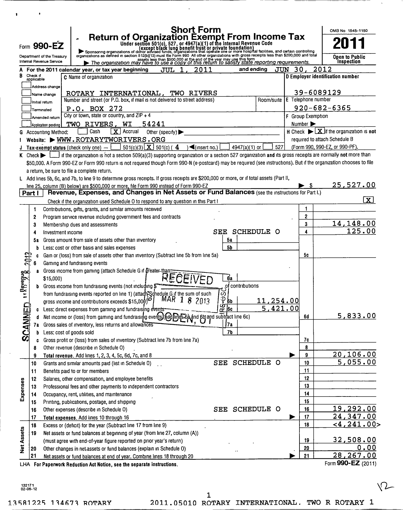 Image of first page of 2011 Form 990EO for Rotary International - Two Rivers