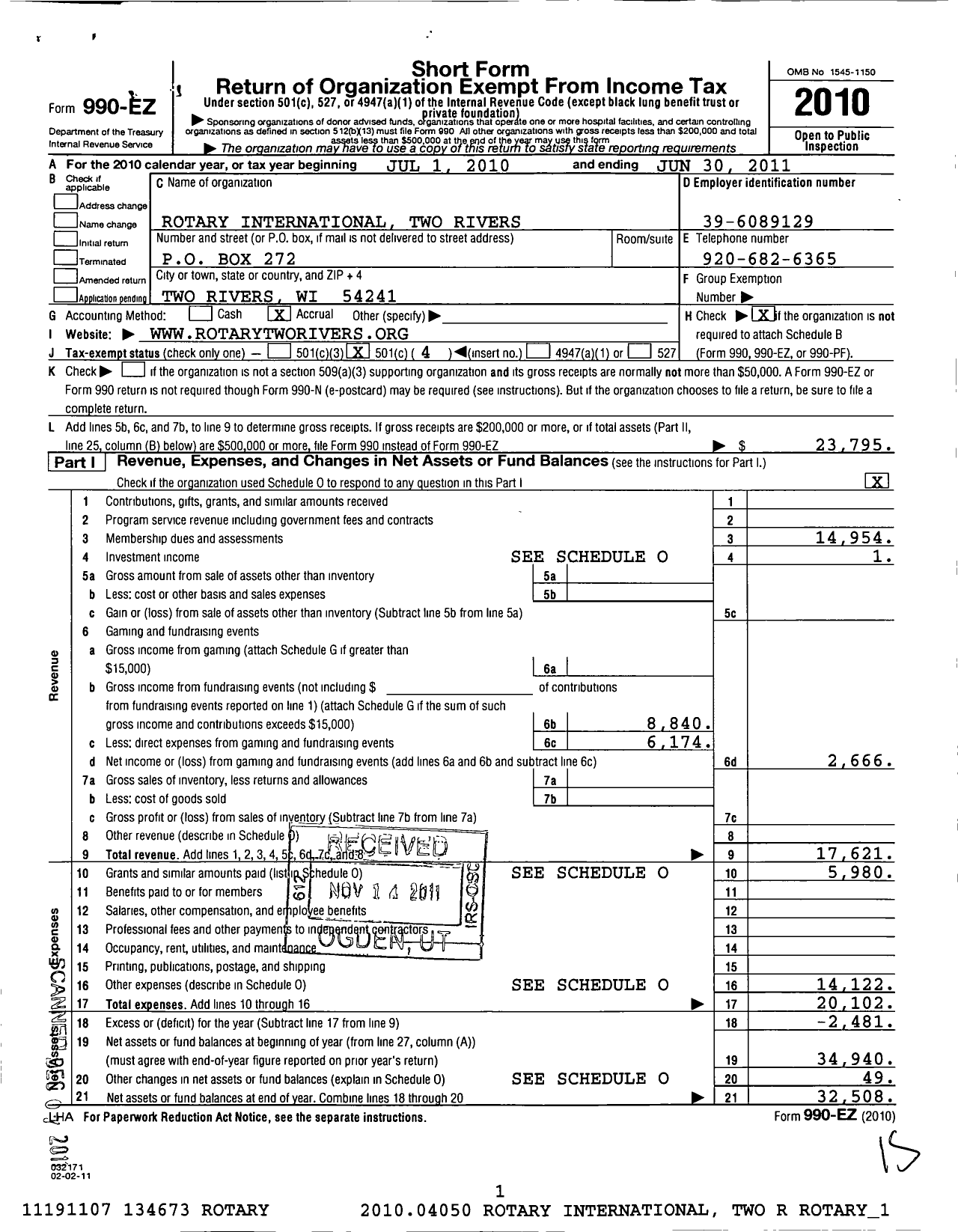 Image of first page of 2010 Form 990EO for Rotary International - Two Rivers