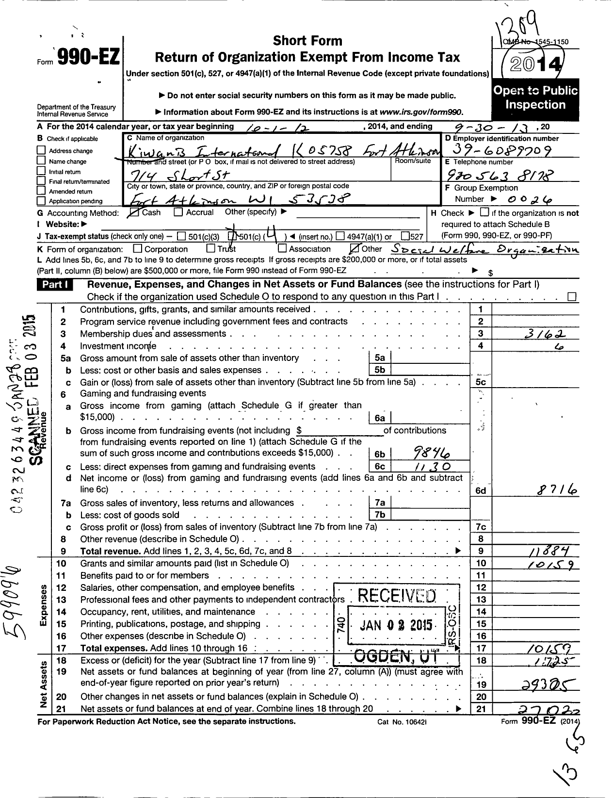 Image of first page of 2012 Form 990EO for Kiwanis International - K05758 Fort Atkinson
