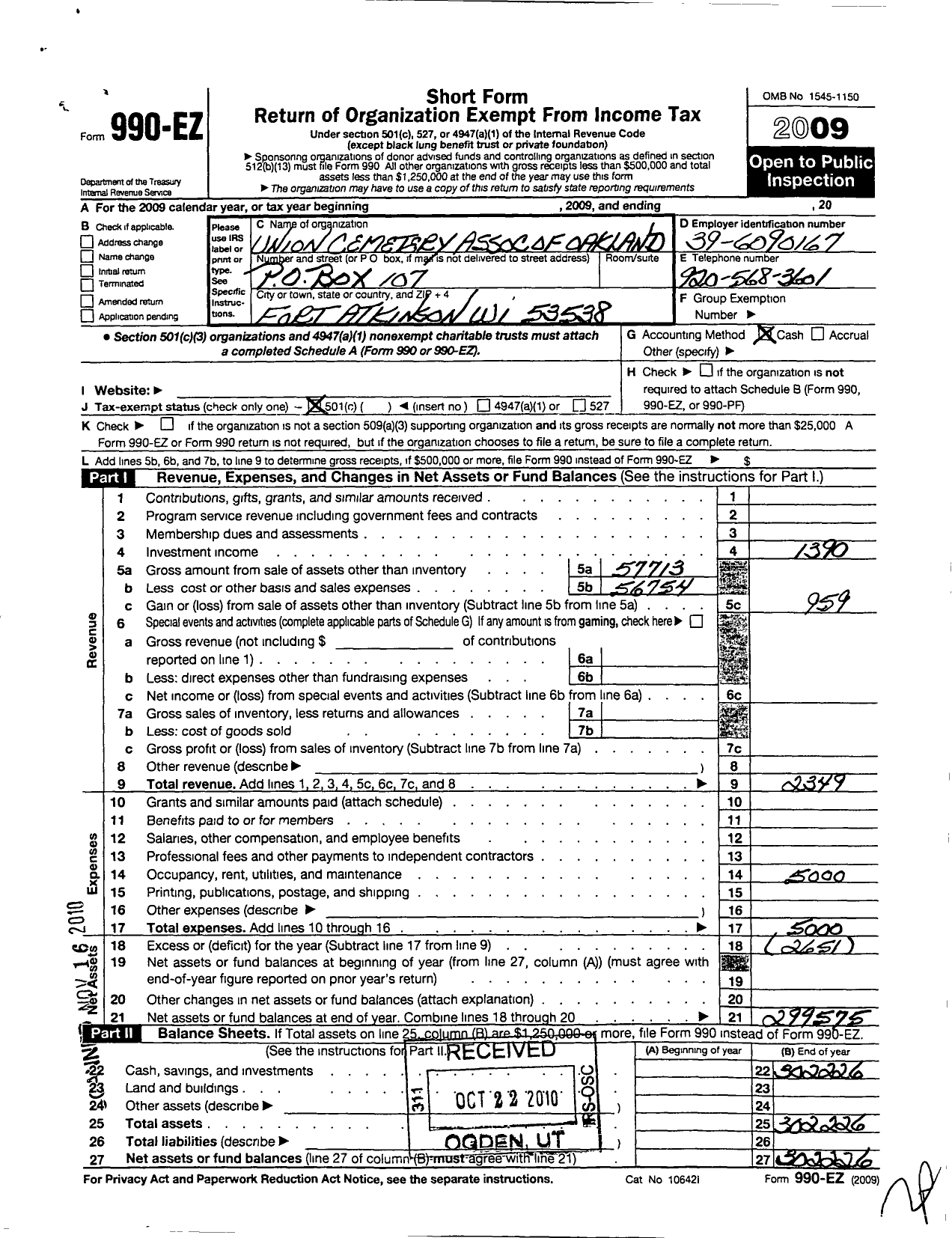 Image of first page of 2009 Form 990EO for Union Cemetery Association of Oakland