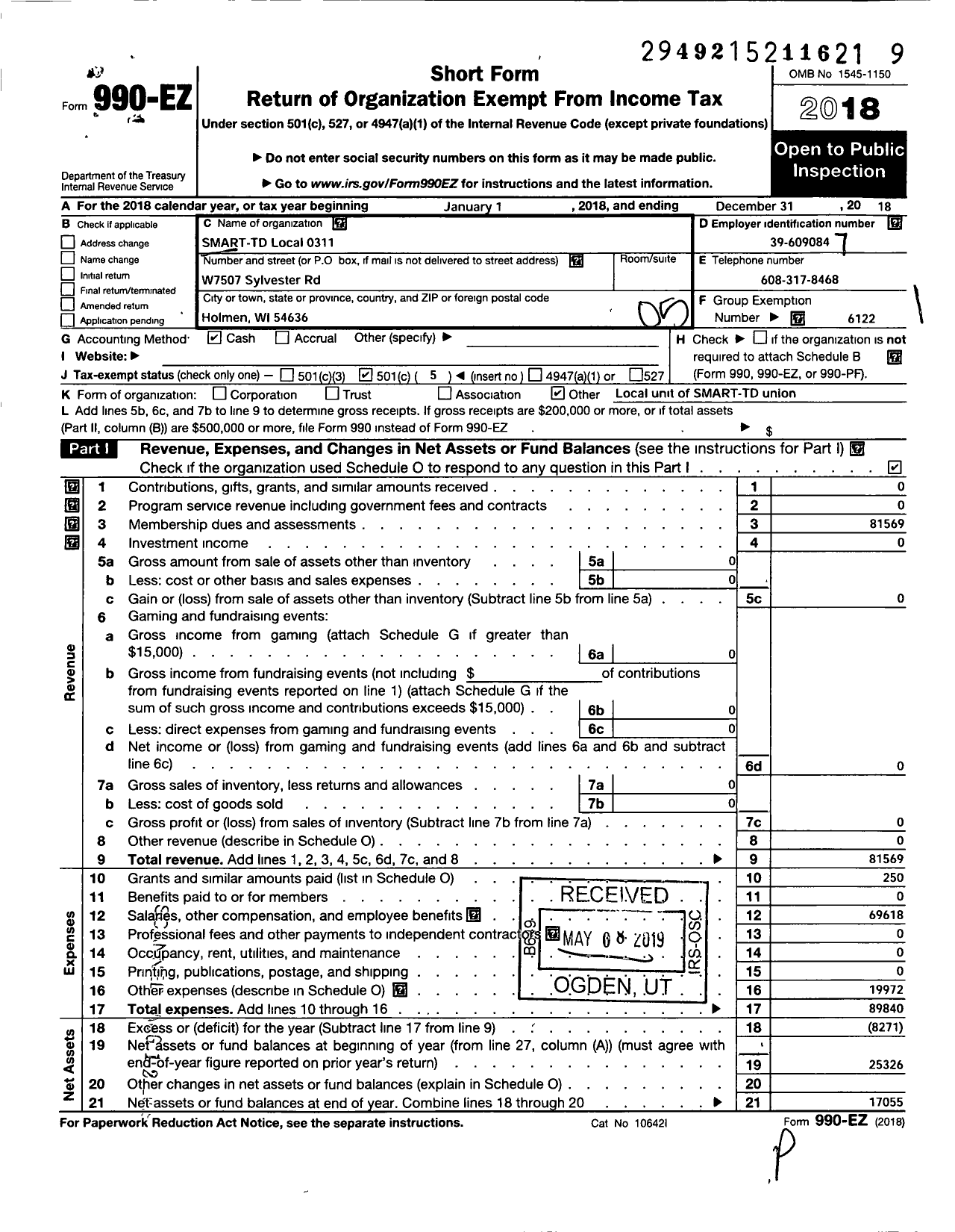 Image of first page of 2018 Form 990EO for Smart Union - 311 TD