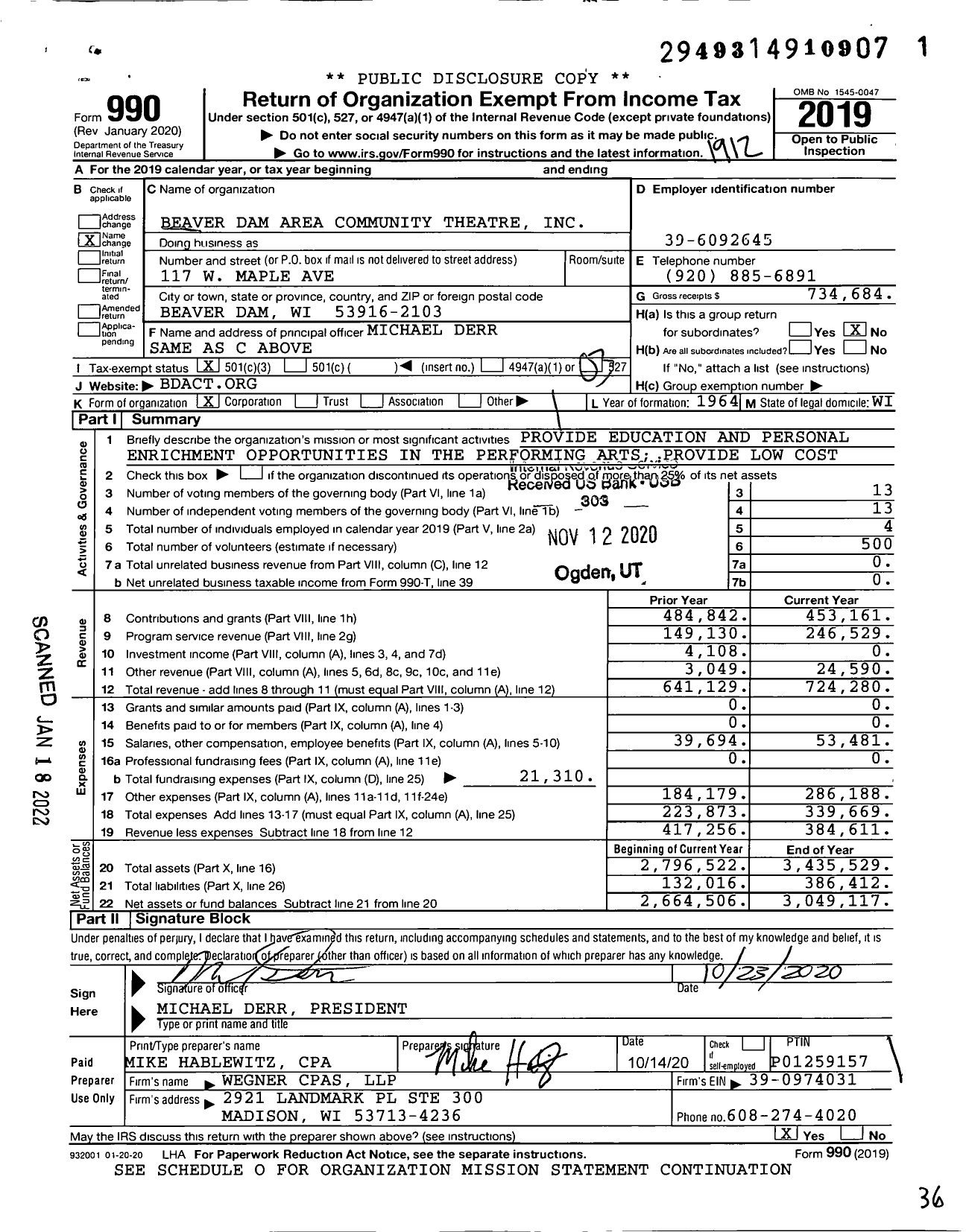 Image of first page of 2019 Form 990 for Beaver Dam Area Community Theatre