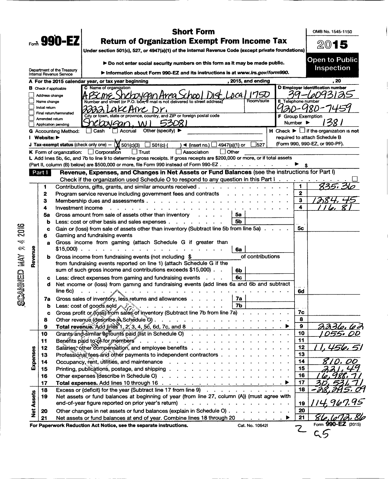 Image of first page of 2015 Form 990EZ for American Federation of State County & Municipal Employees - L1750wi Sheboygan Area SCH Dist Emp