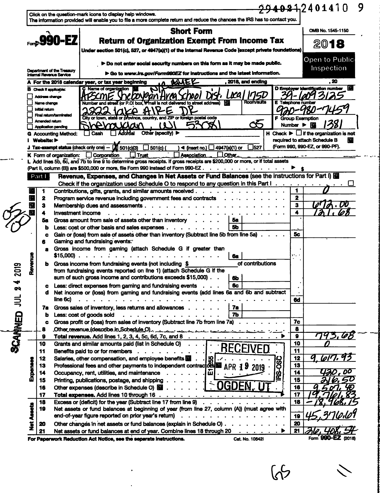 Image of first page of 2018 Form 990EO for American Federation of State County & Municipal Employees - L1750wi Sheboygan Area SCH Dist Emp