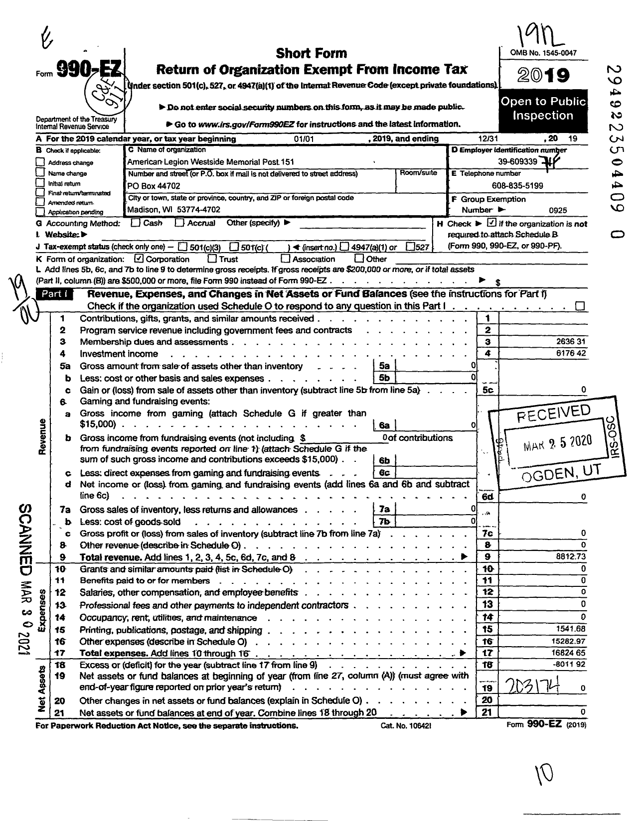 Image of first page of 2019 Form 990EO for West Side Memorial Post No 151 of the American Legion Dept of Wi