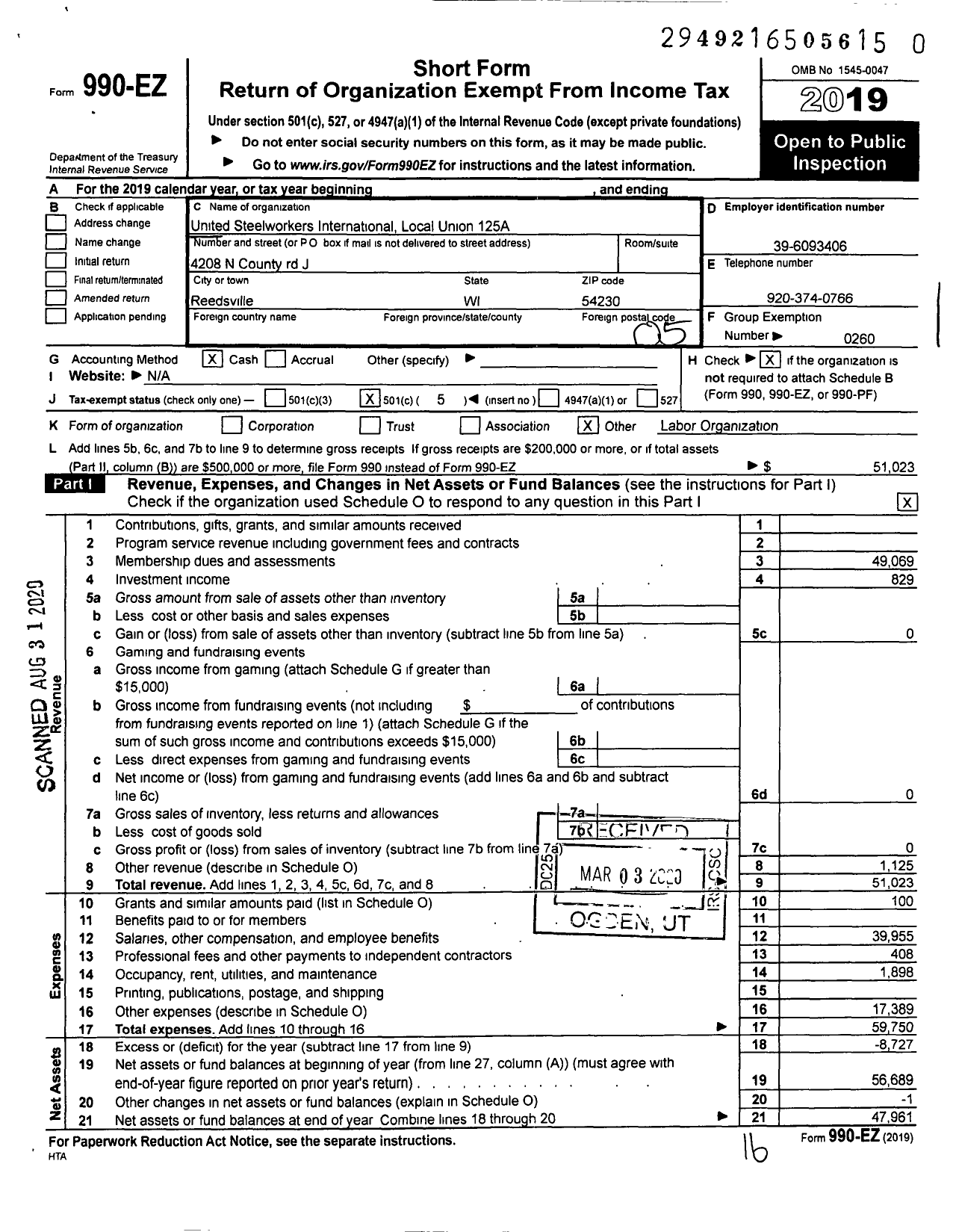 Image of first page of 2019 Form 990EO for United Steelworkers - 00125A Local