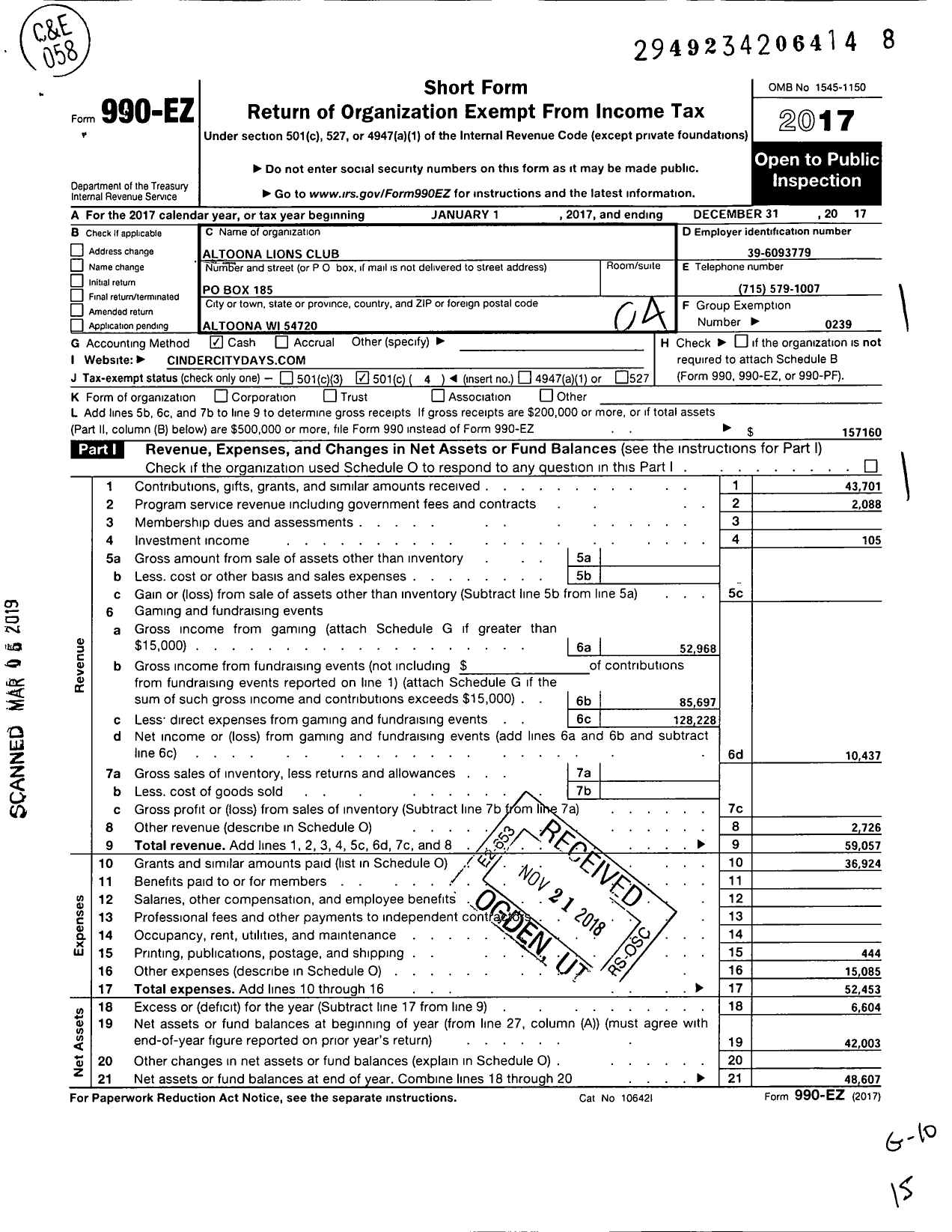 Image of first page of 2017 Form 990EO for Lions Clubs - 10676 Altoona