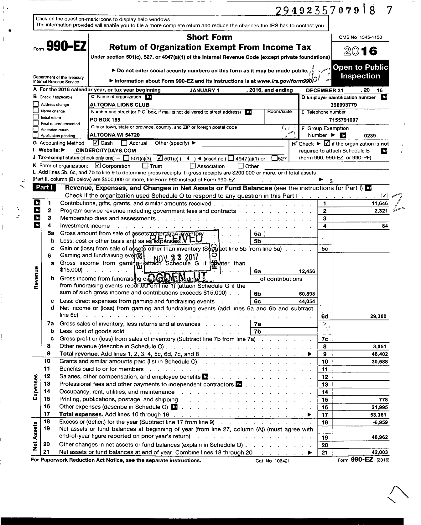 Image of first page of 2016 Form 990EO for Lions Clubs - 10676 Altoona