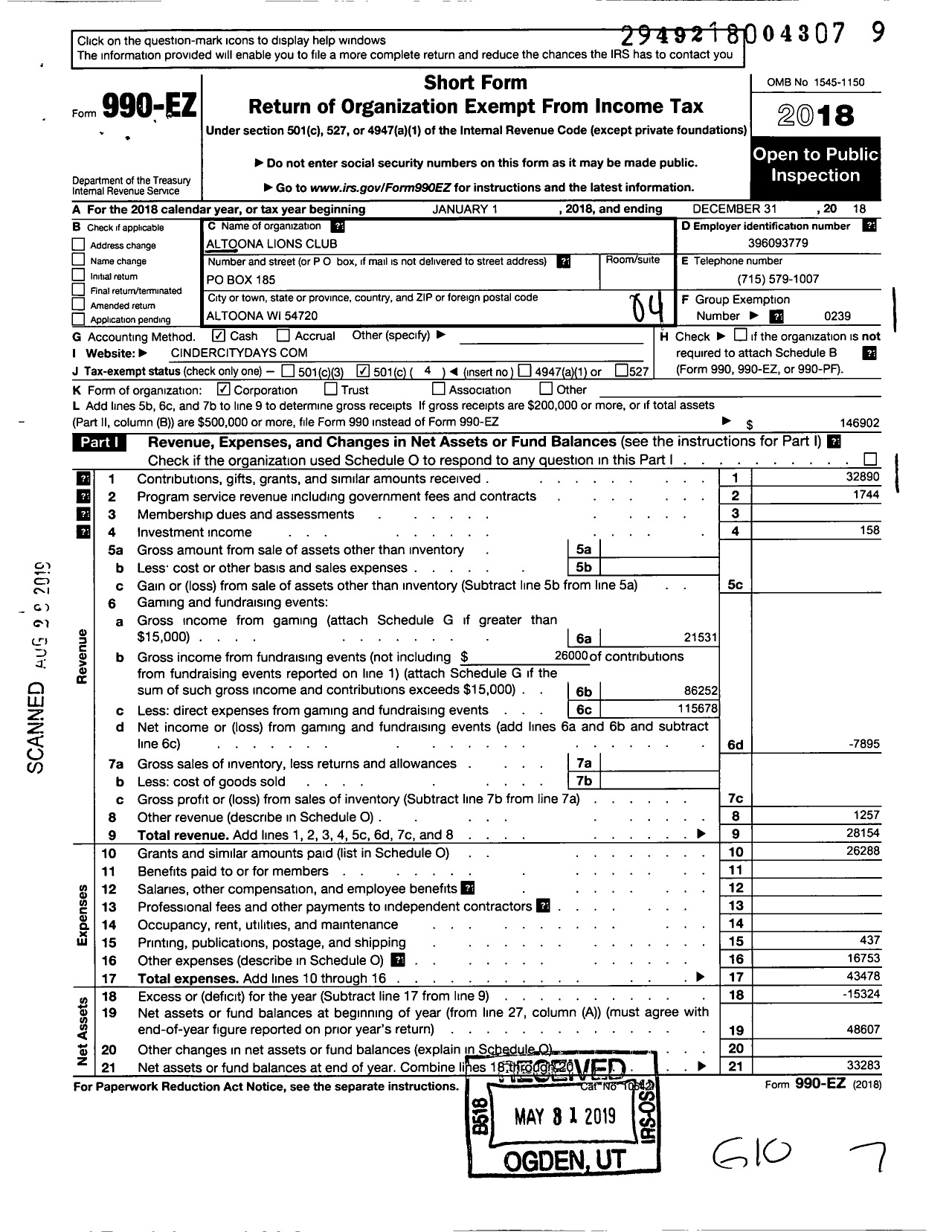 Image of first page of 2018 Form 990EO for Lions Clubs - 10676 Altoona