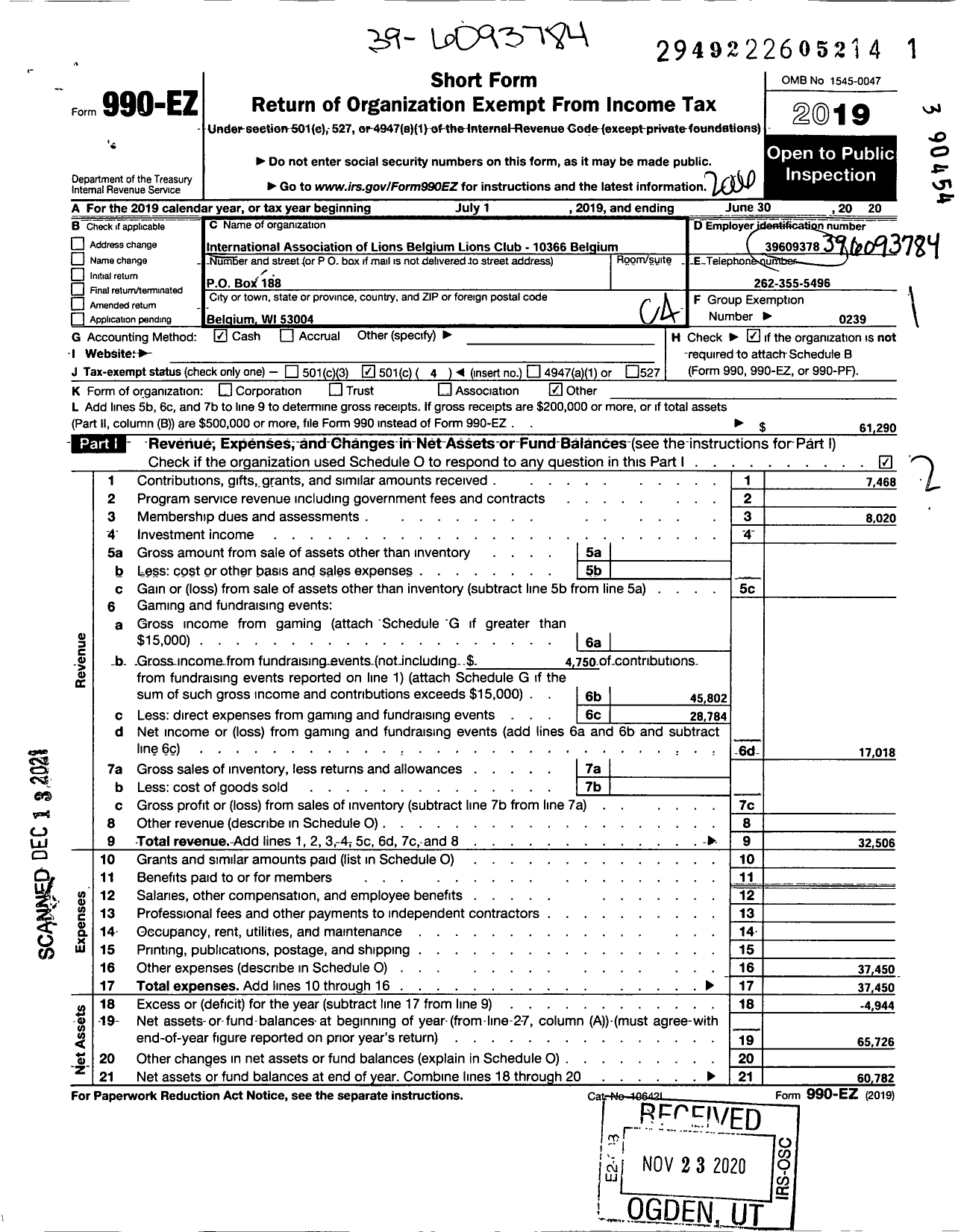 Image of first page of 2019 Form 990EO for Lions Clubs - 10366 Belgium