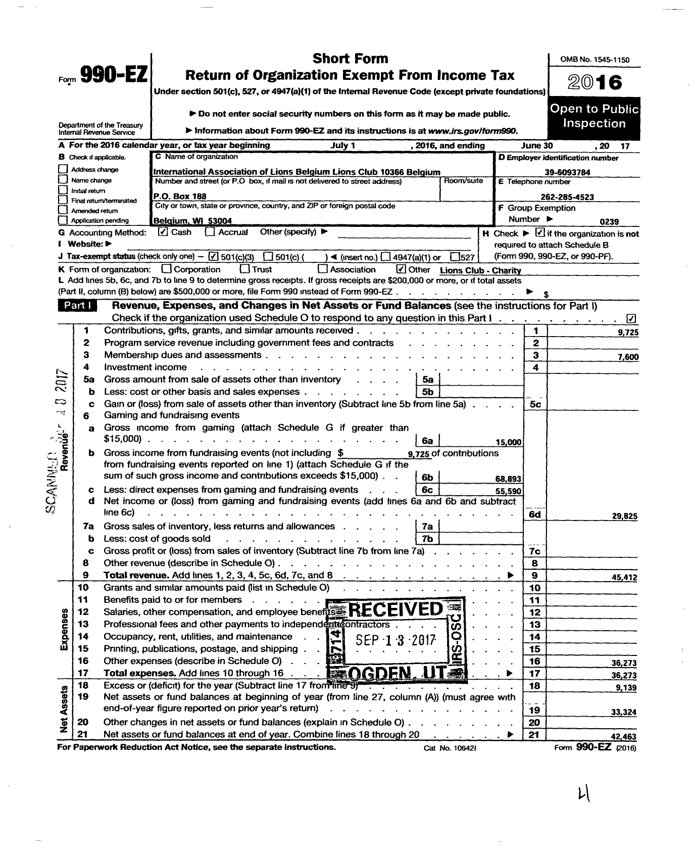 Image of first page of 2016 Form 990EZ for Lions Clubs - 10366 Belgium