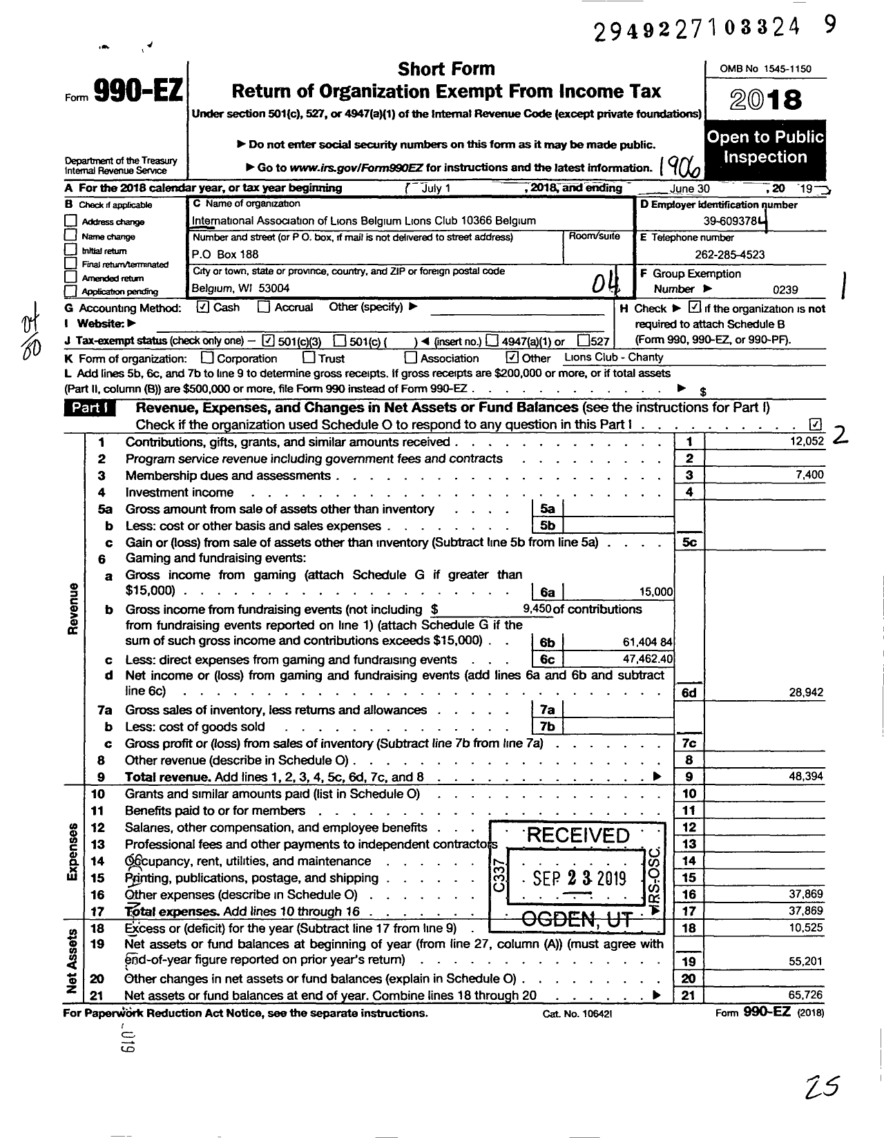 Image of first page of 2018 Form 990EO for Lions Clubs - 10366 Belgium