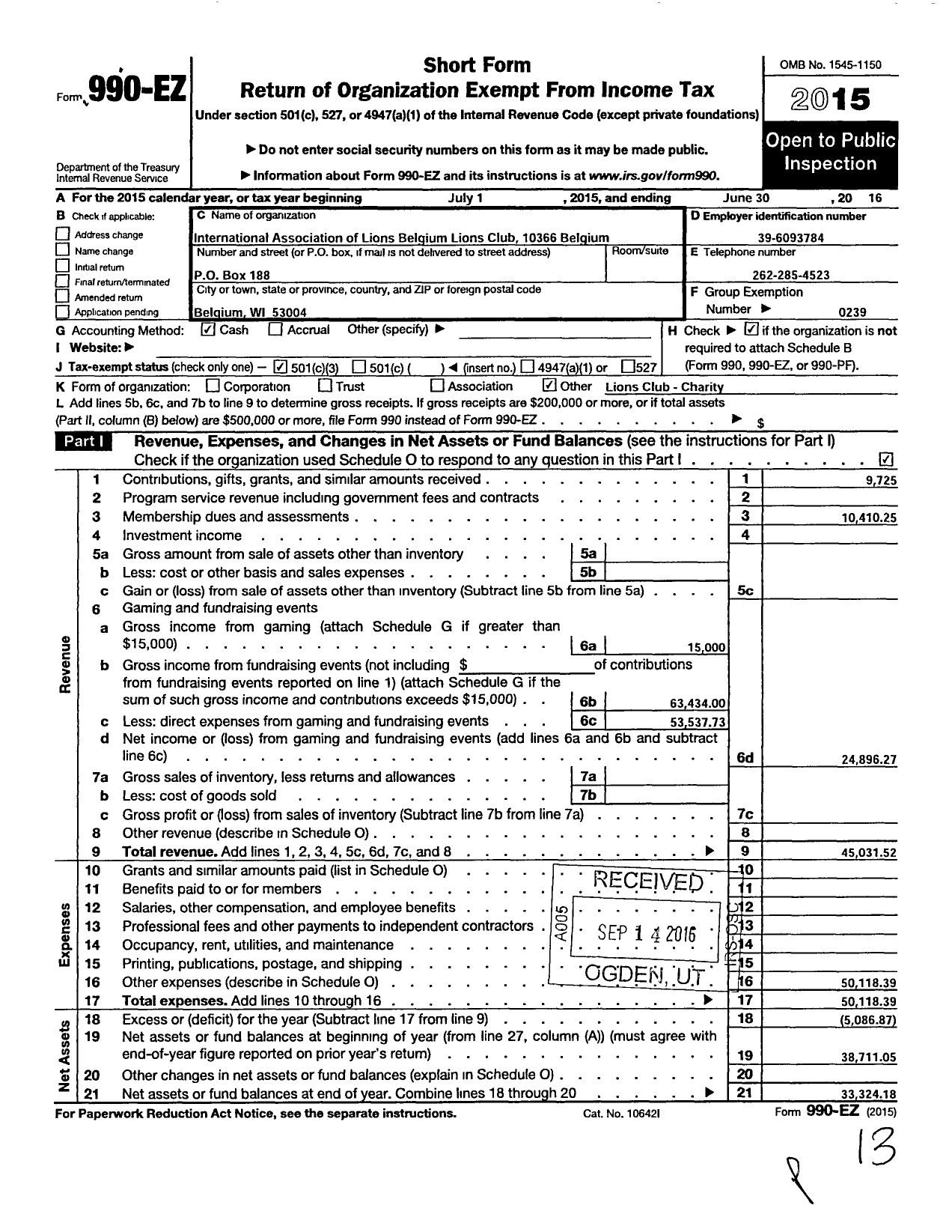 Image of first page of 2015 Form 990EZ for Lions Clubs - 10366 Belgium