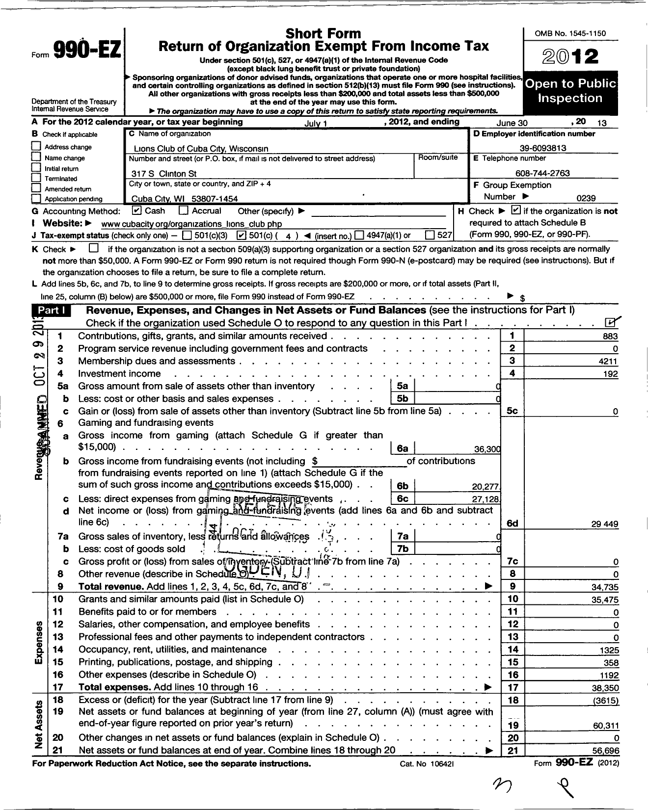 Image of first page of 2012 Form 990EO for Lions Clubs - 10619 Cuba City