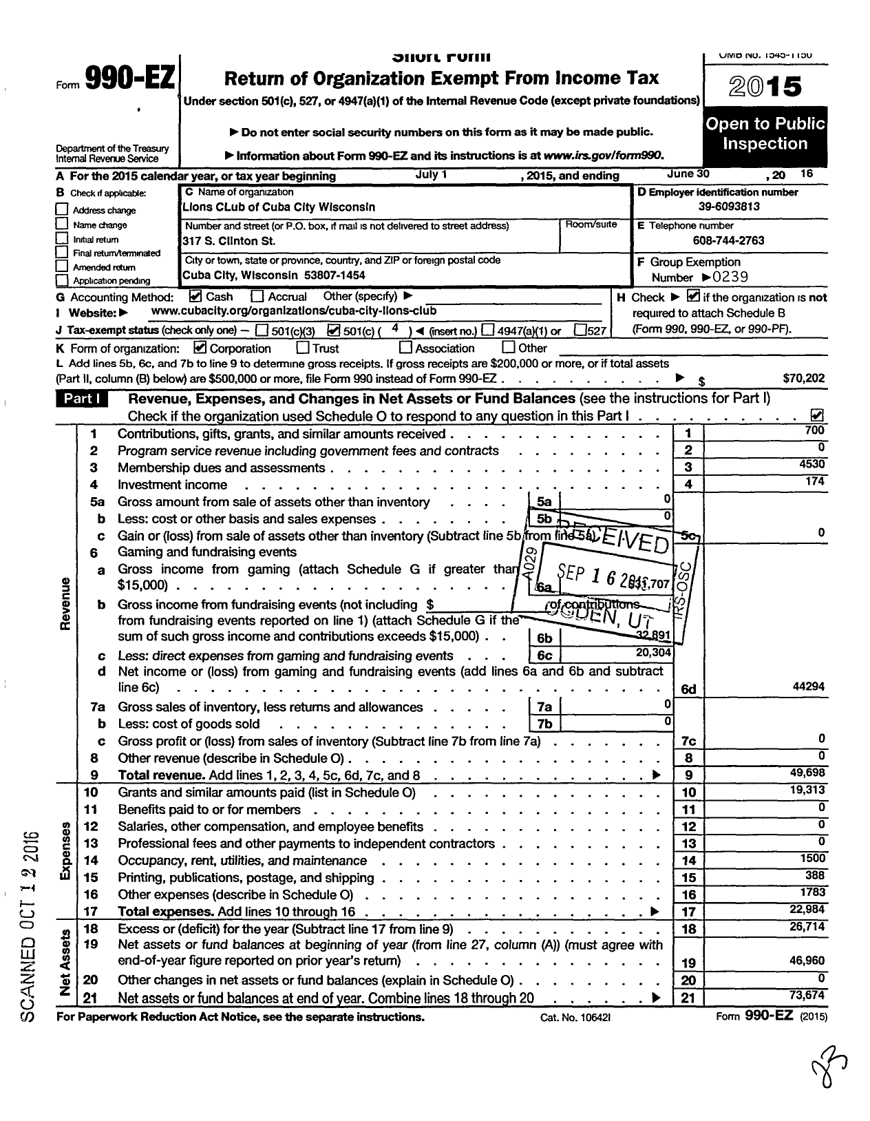 Image of first page of 2015 Form 990EO for Lions Clubs - 10619 Cuba City