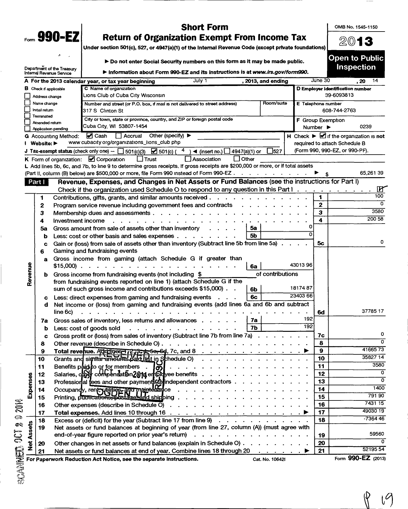 Image of first page of 2013 Form 990EO for Lions Clubs - 10619 Cuba City