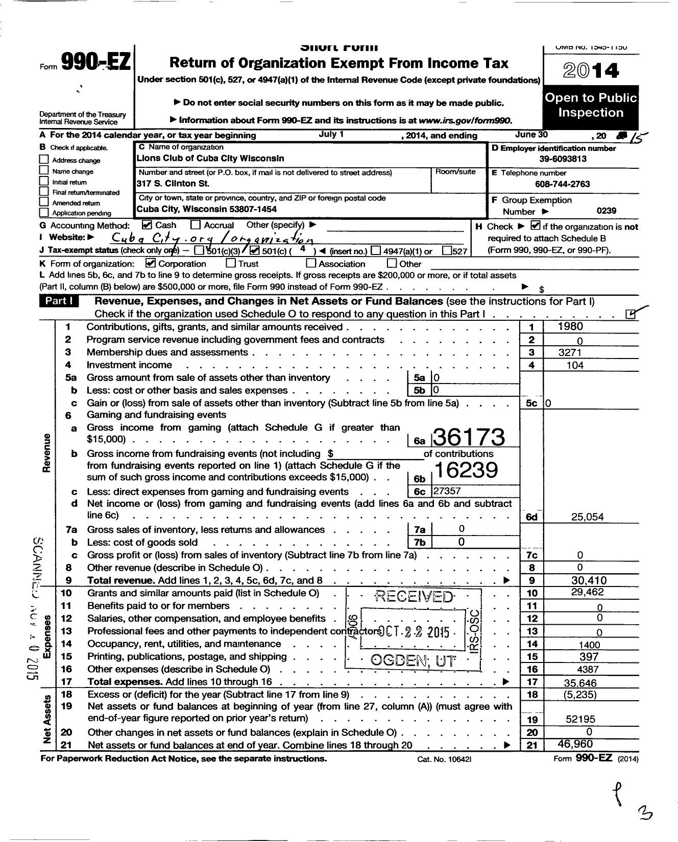 Image of first page of 2014 Form 990EO for Lions Clubs - 10619 Cuba City