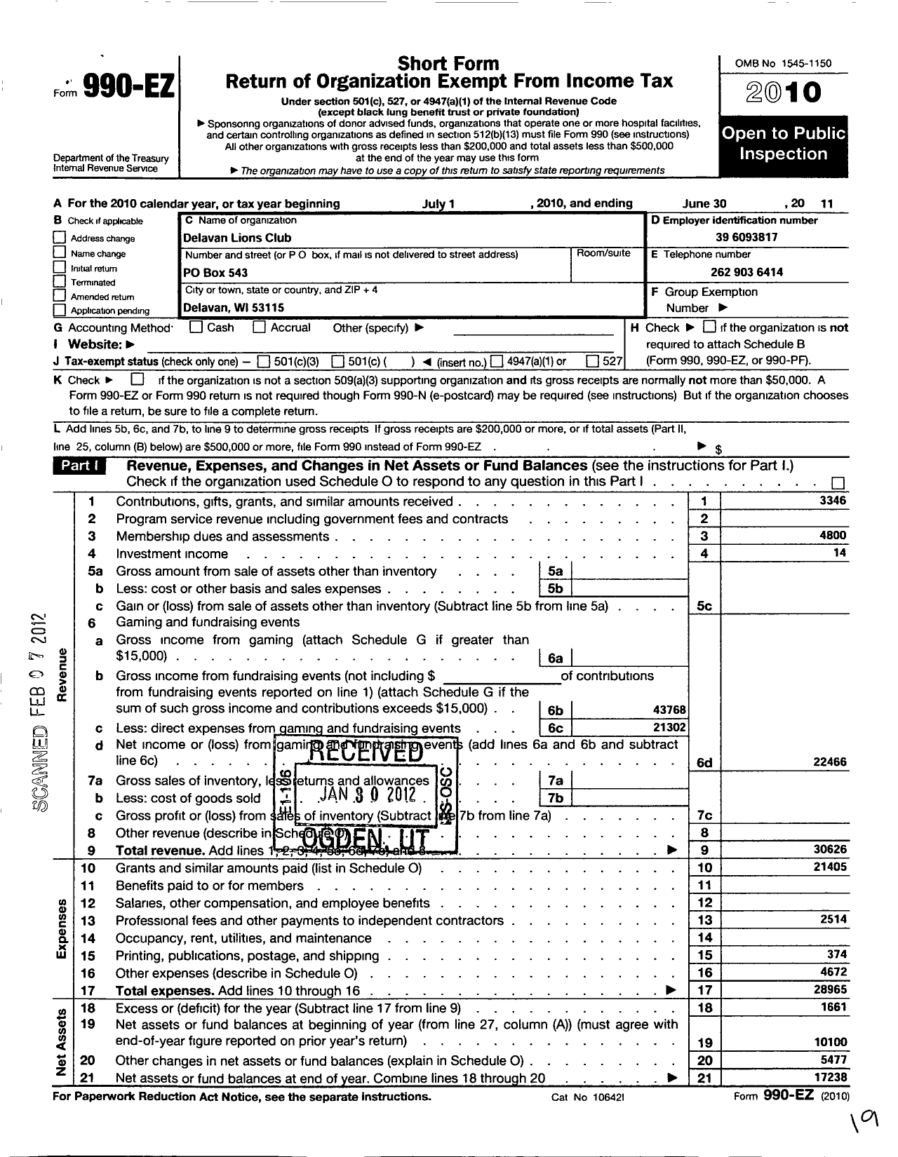 Image of first page of 2010 Form 990EO for Lions Clubs - 10324 Delavan