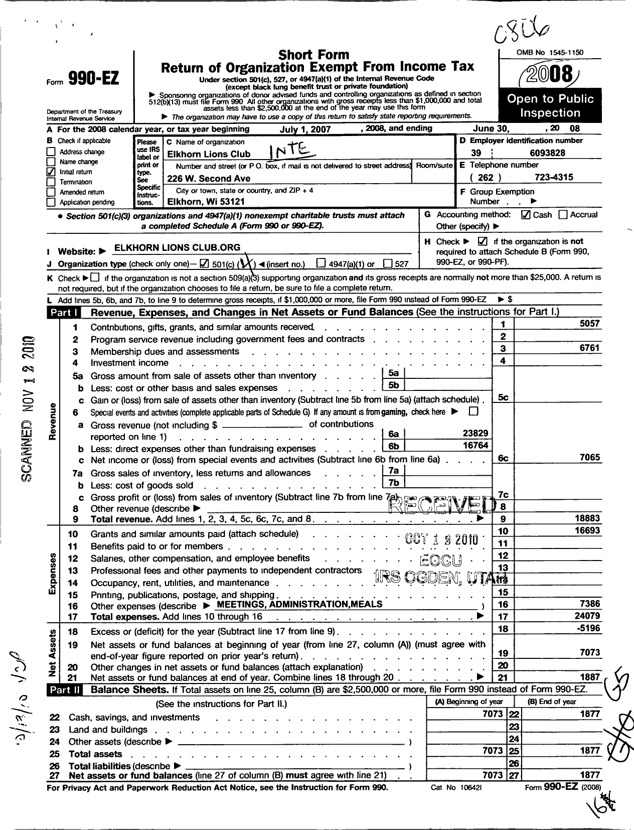 Image of first page of 2007 Form 990EO for Lions Clubs - 10328 Elkhorn