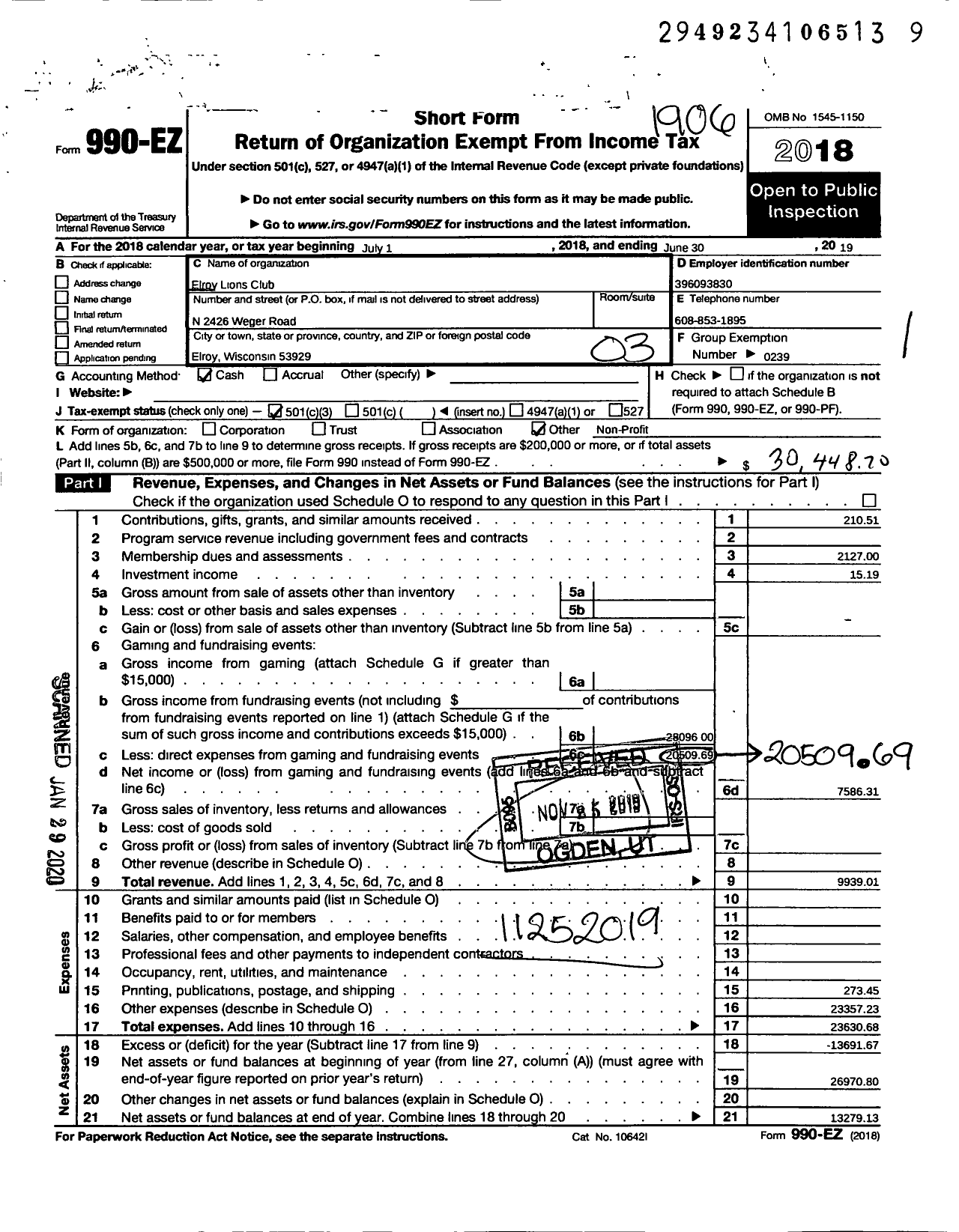 Image of first page of 2018 Form 990EZ for Lions Clubs - 10624 Elroy Lions Club