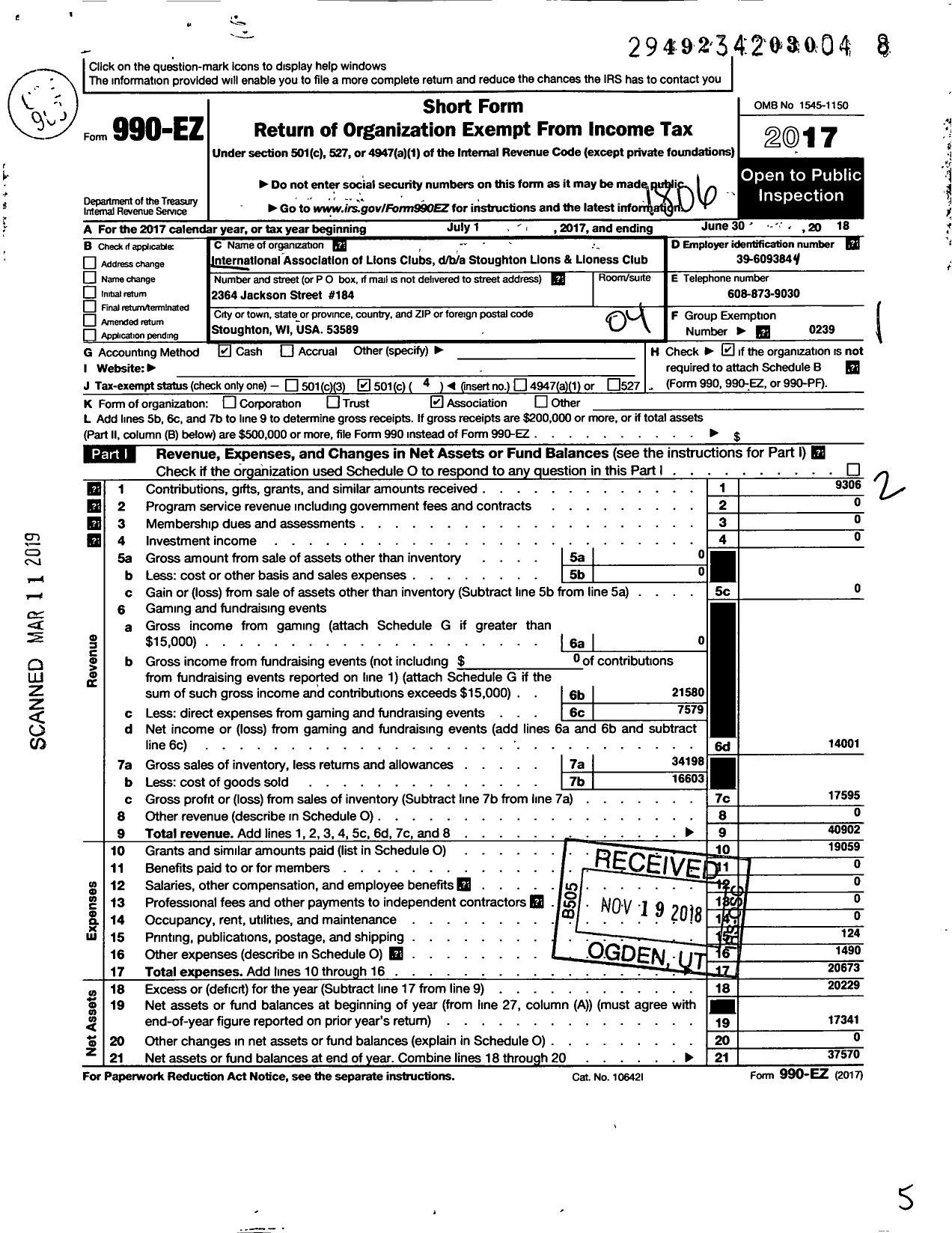 Image of first page of 2017 Form 990EO for Lions Clubs - 10665 Stoughton