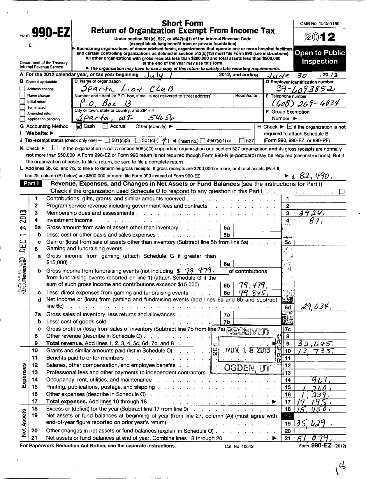 Image of first page of 2012 Form 990EO for Lions Clubs - 10662 Sparta