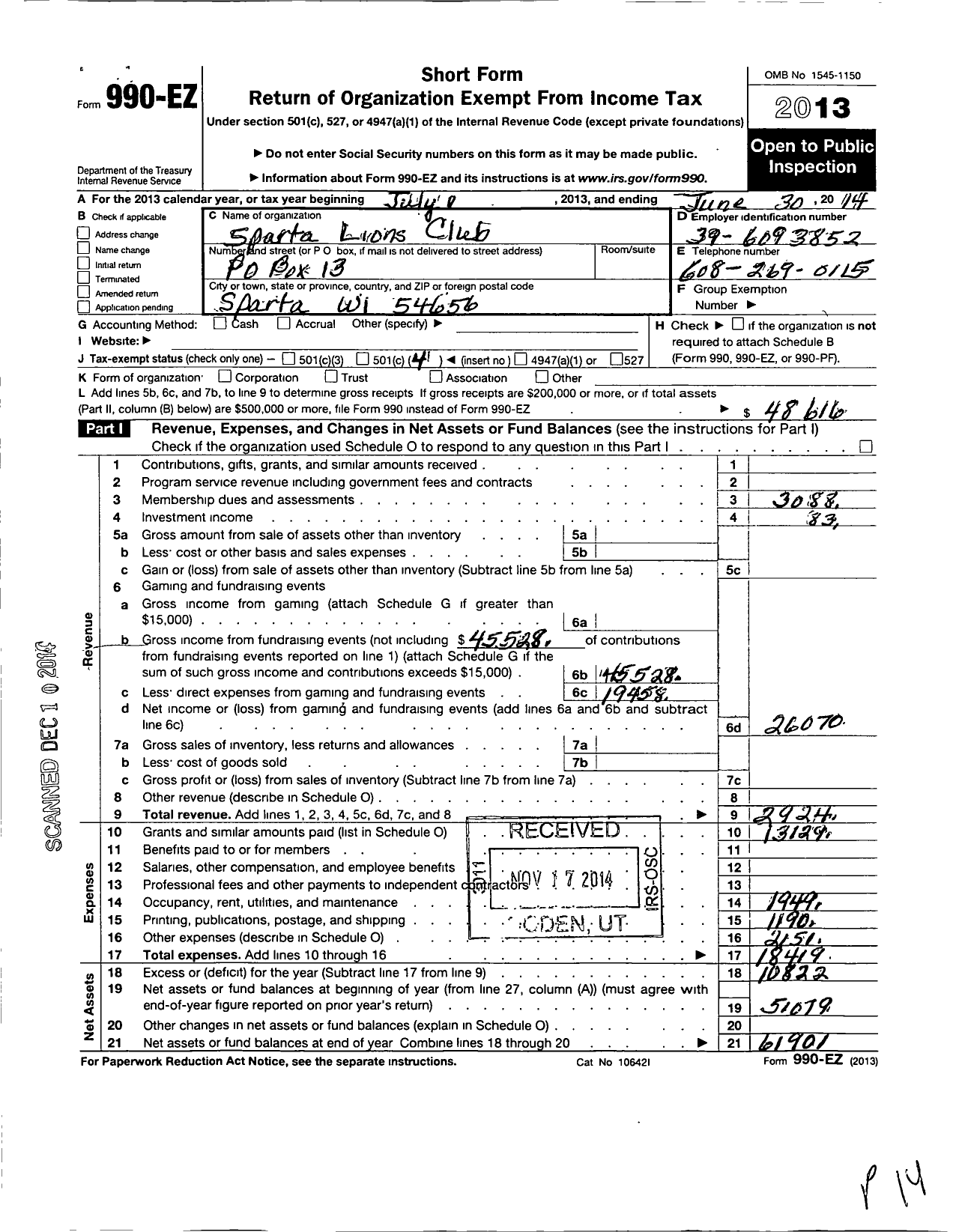 Image of first page of 2013 Form 990EO for Lions Clubs - 10662 Sparta