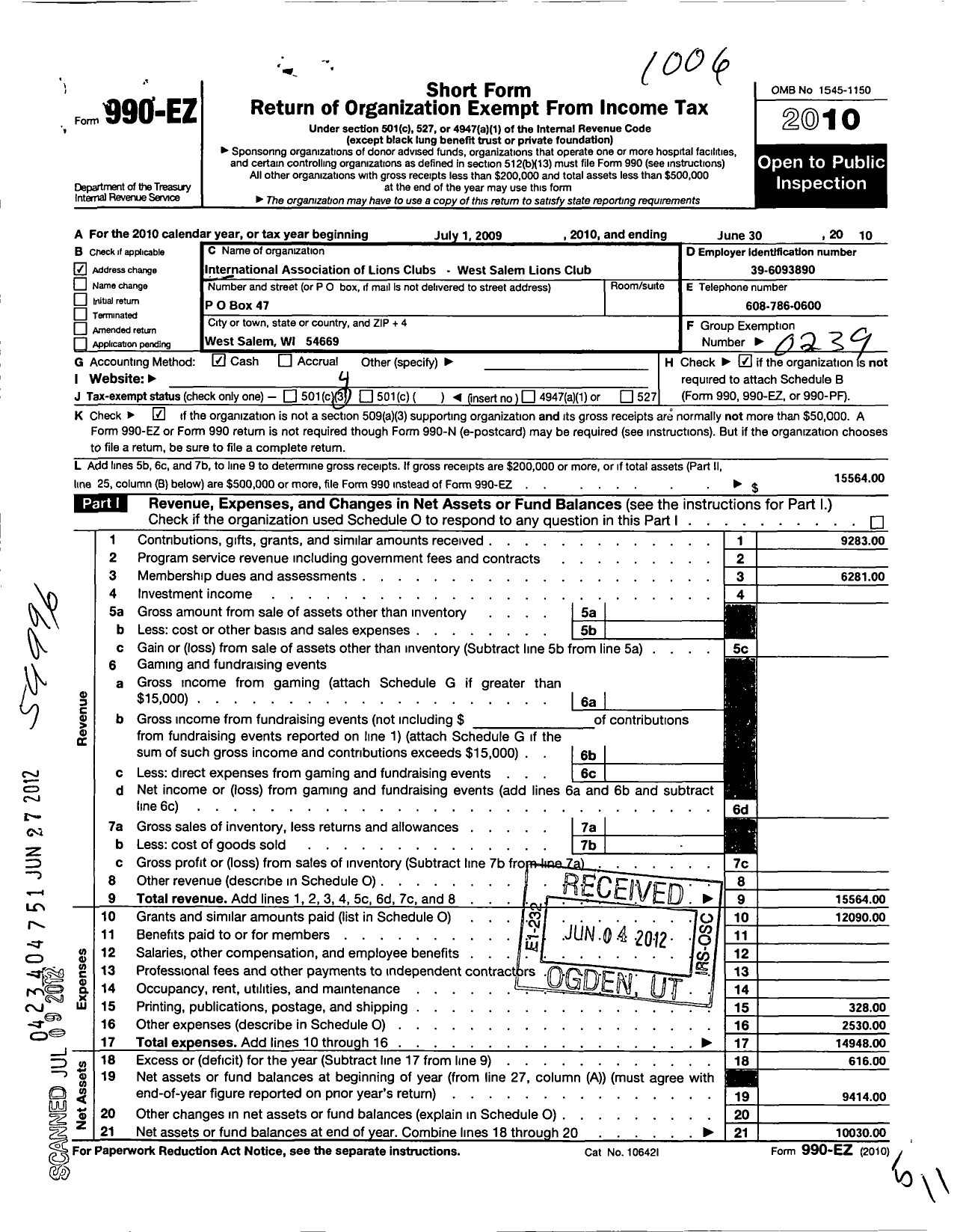 Image of first page of 2009 Form 990EO for Lions Clubs - 10672 West Salem