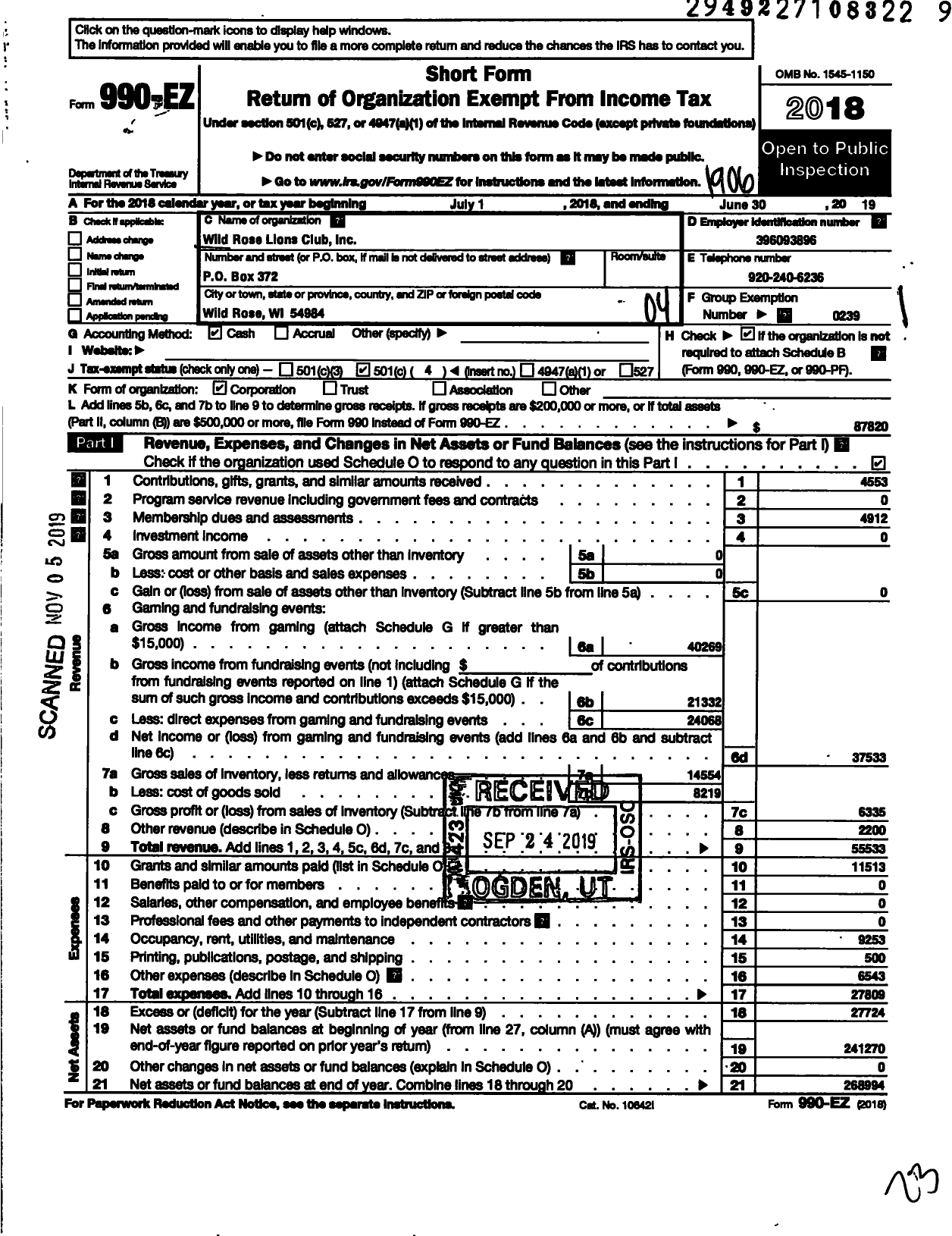 Image of first page of 2018 Form 990EO for Lions Clubs - 10460 Wild Rose