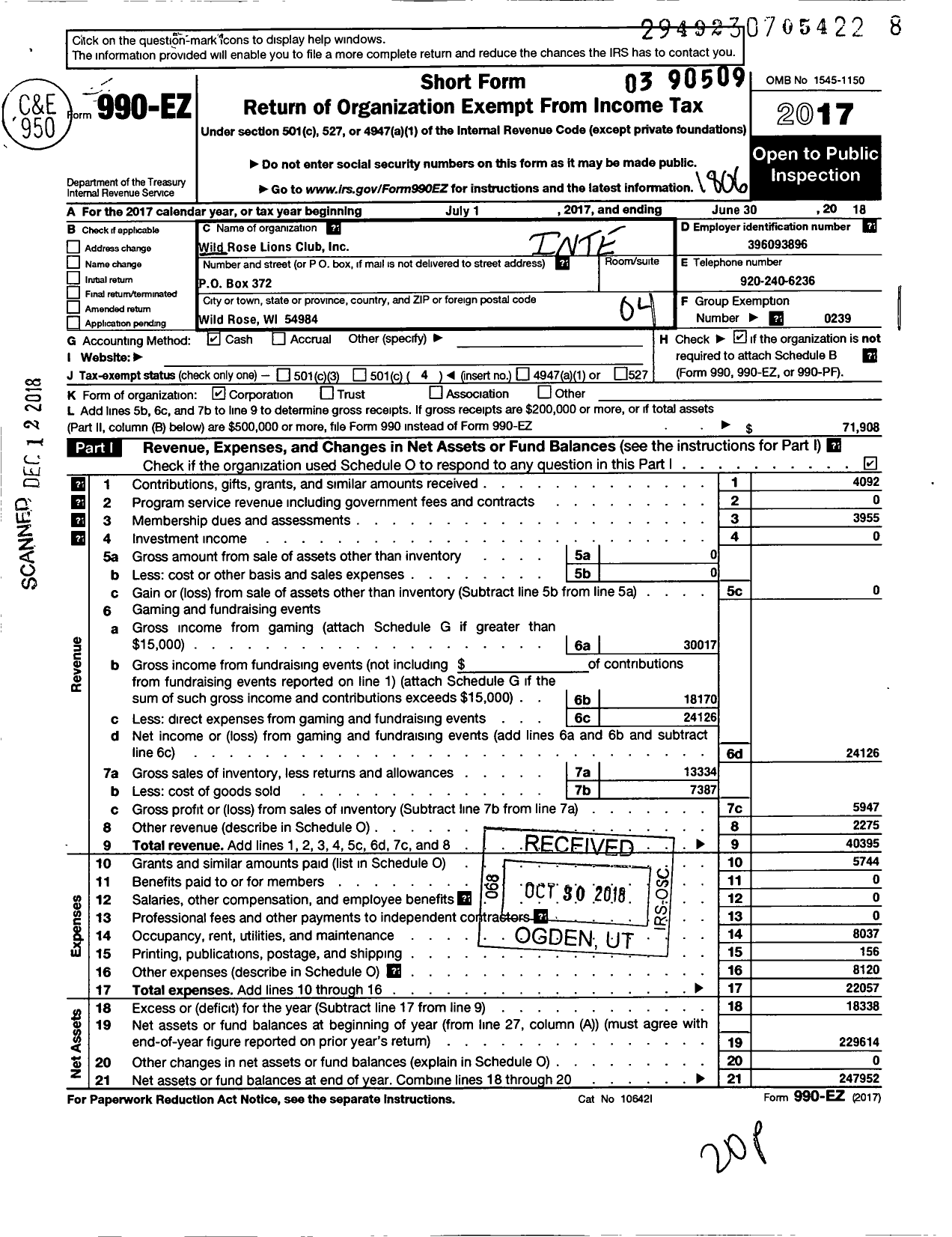 Image of first page of 2017 Form 990EO for Lions Clubs - 10460 Wild Rose