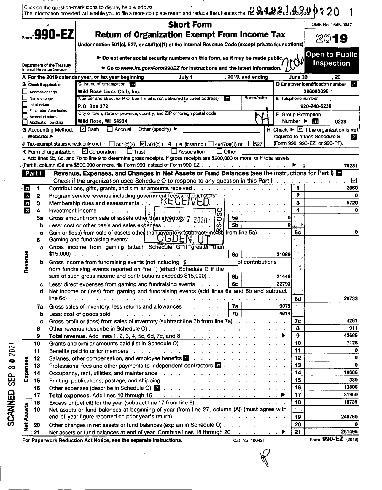 Image of first page of 2019 Form 990EO for Lions Clubs - 10460 Wild Rose