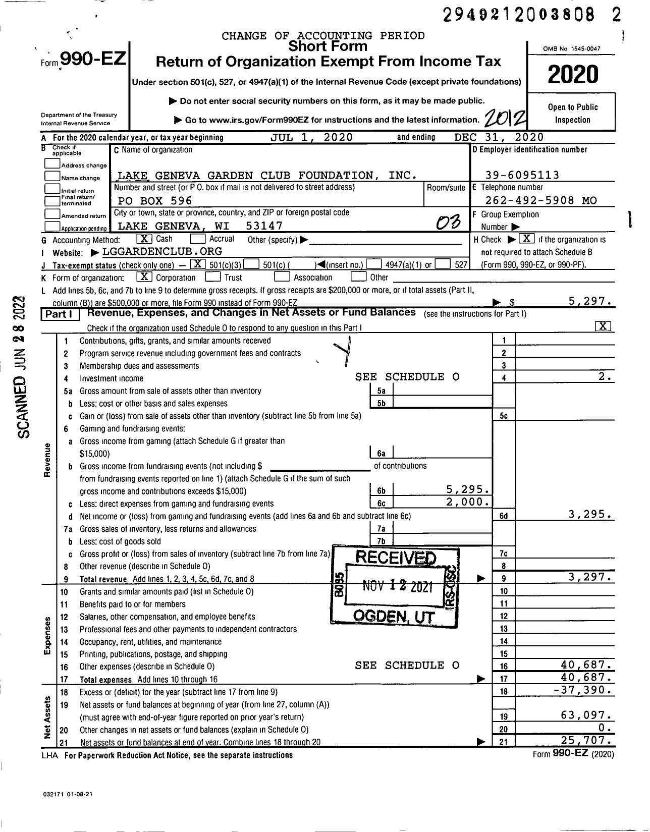 Image of first page of 2020 Form 990EZ for Lake Geneva Garden Club Foundation