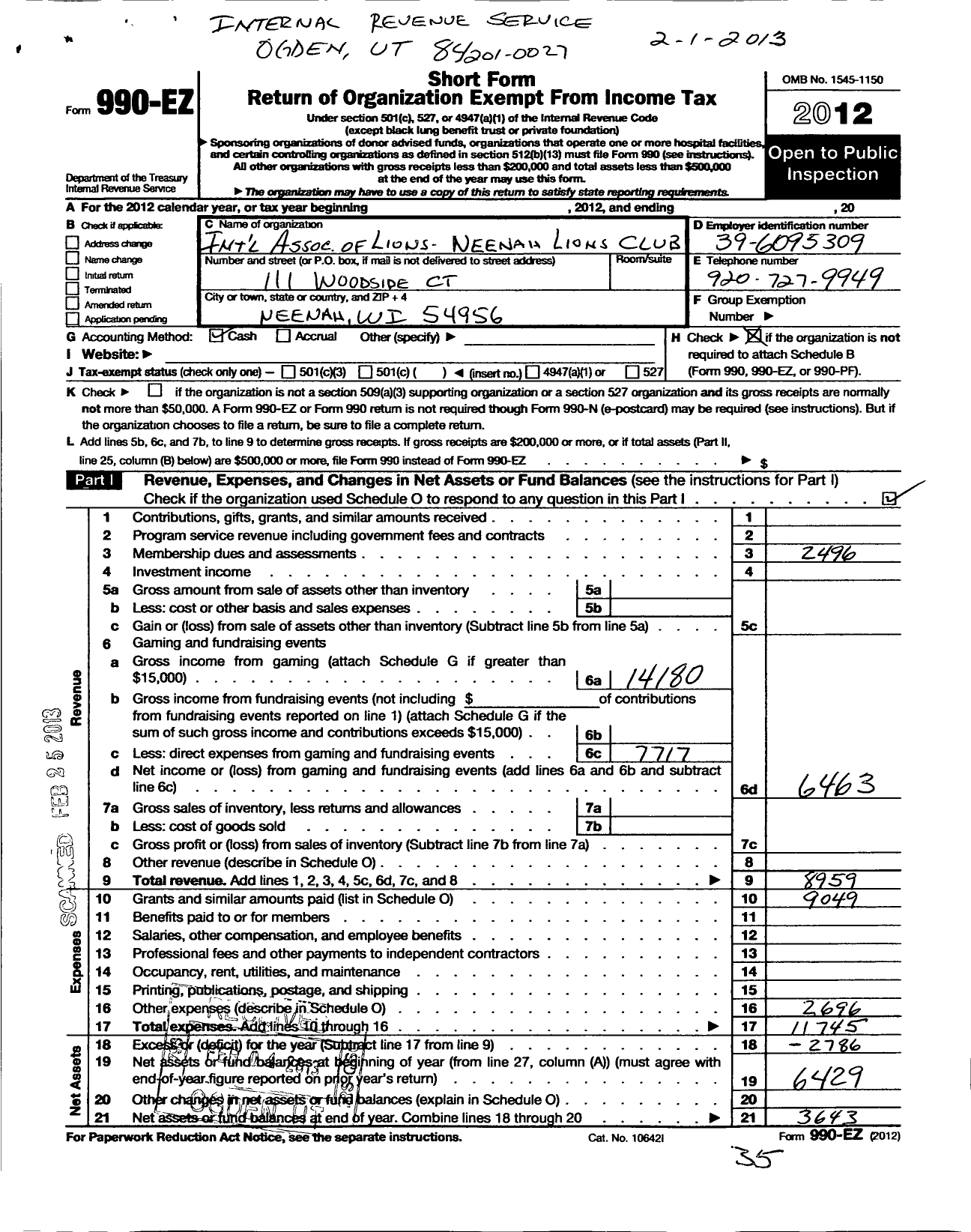 Image of first page of 2012 Form 990EO for Lions Clubs - 10435 Neenah