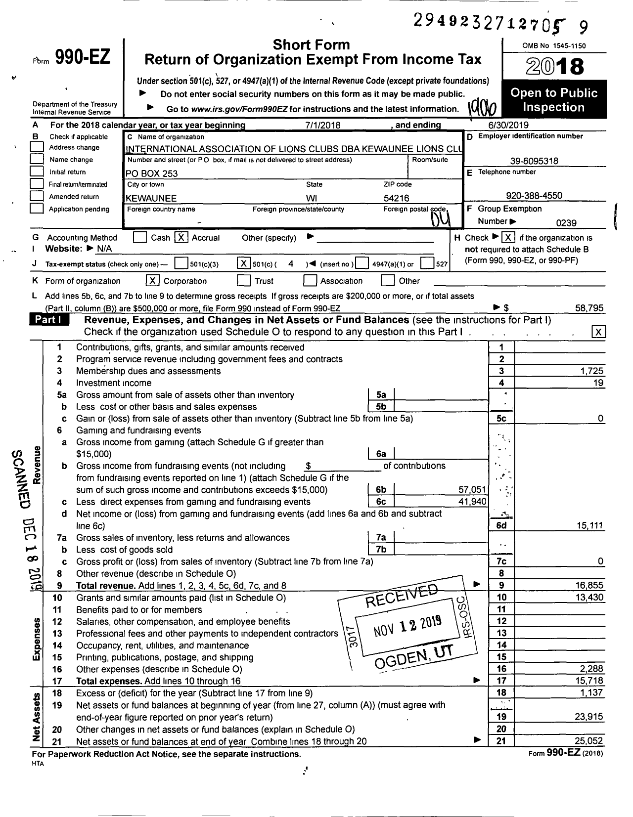 Image of first page of 2018 Form 990EO for Lions Clubs - 10492 Kewaunee