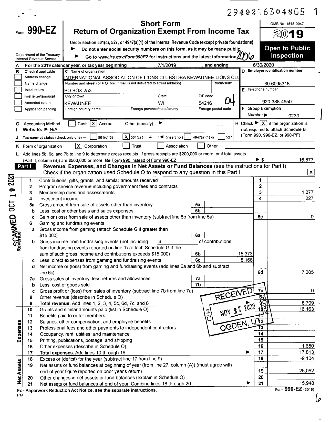 Image of first page of 2019 Form 990EO for Lions Clubs - 10492 Kewaunee