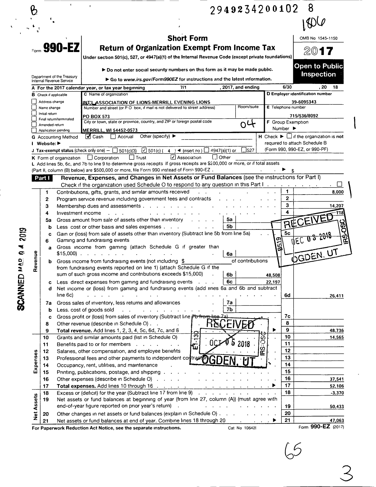 Image of first page of 2017 Form 990EO for Lions Clubs - 10588 Merrill