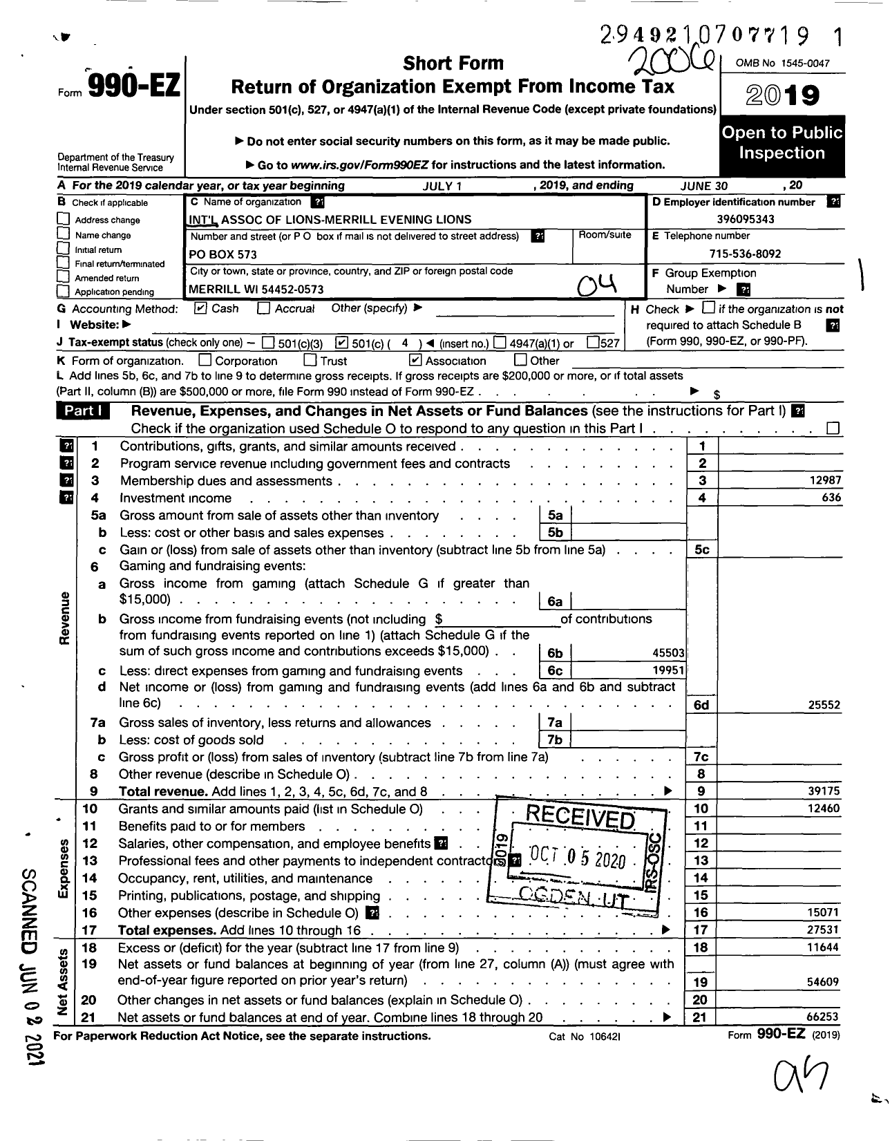 Image of first page of 2019 Form 990EO for Lions Clubs - 10588 Merrill