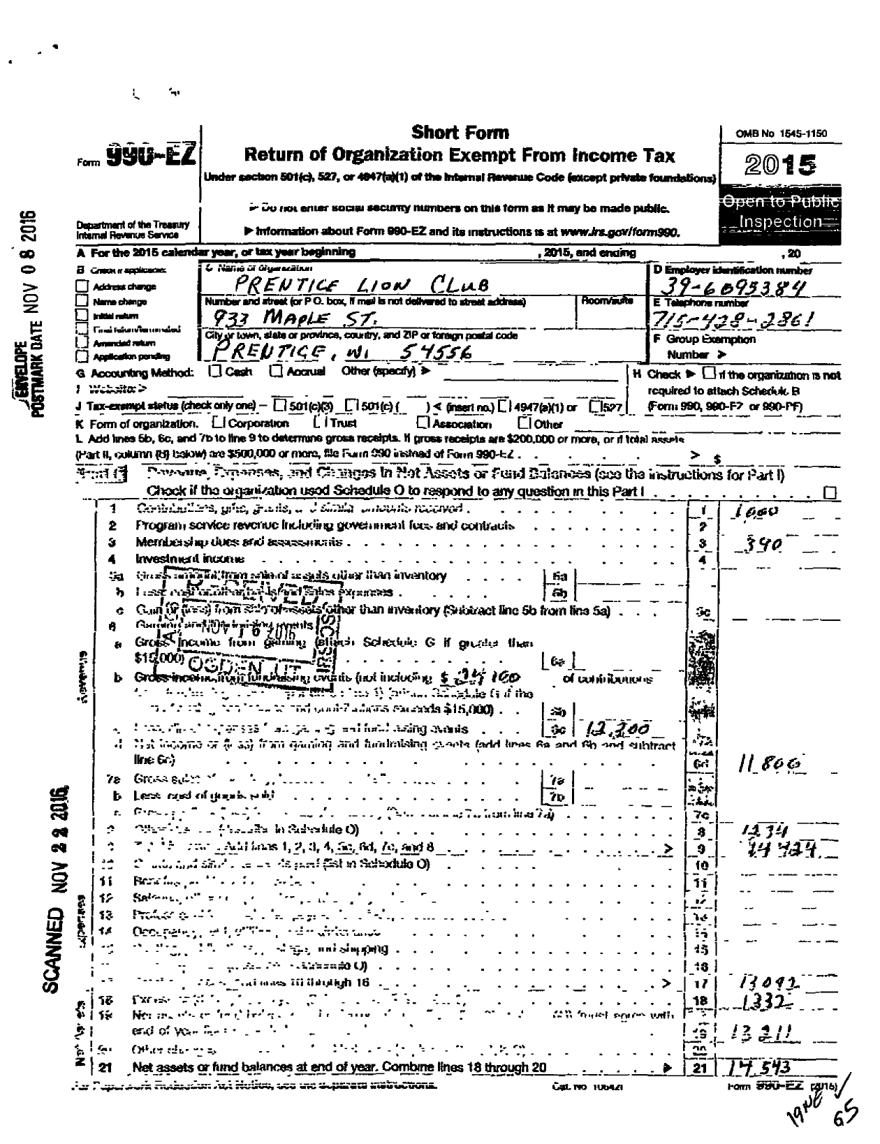 Image of first page of 2015 Form 990EO for Lions Clubs - 10594 Prentice