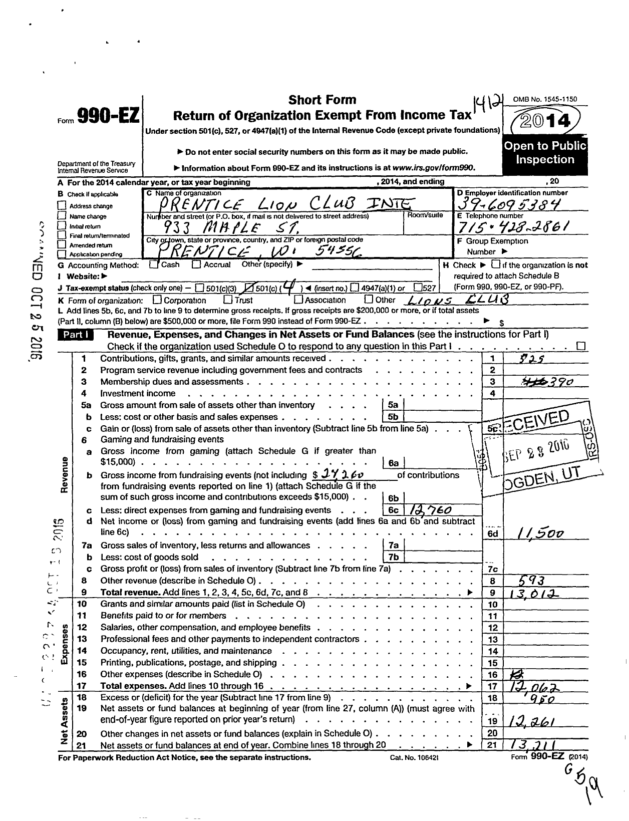 Image of first page of 2014 Form 990EO for Lions Clubs - 10594 Prentice