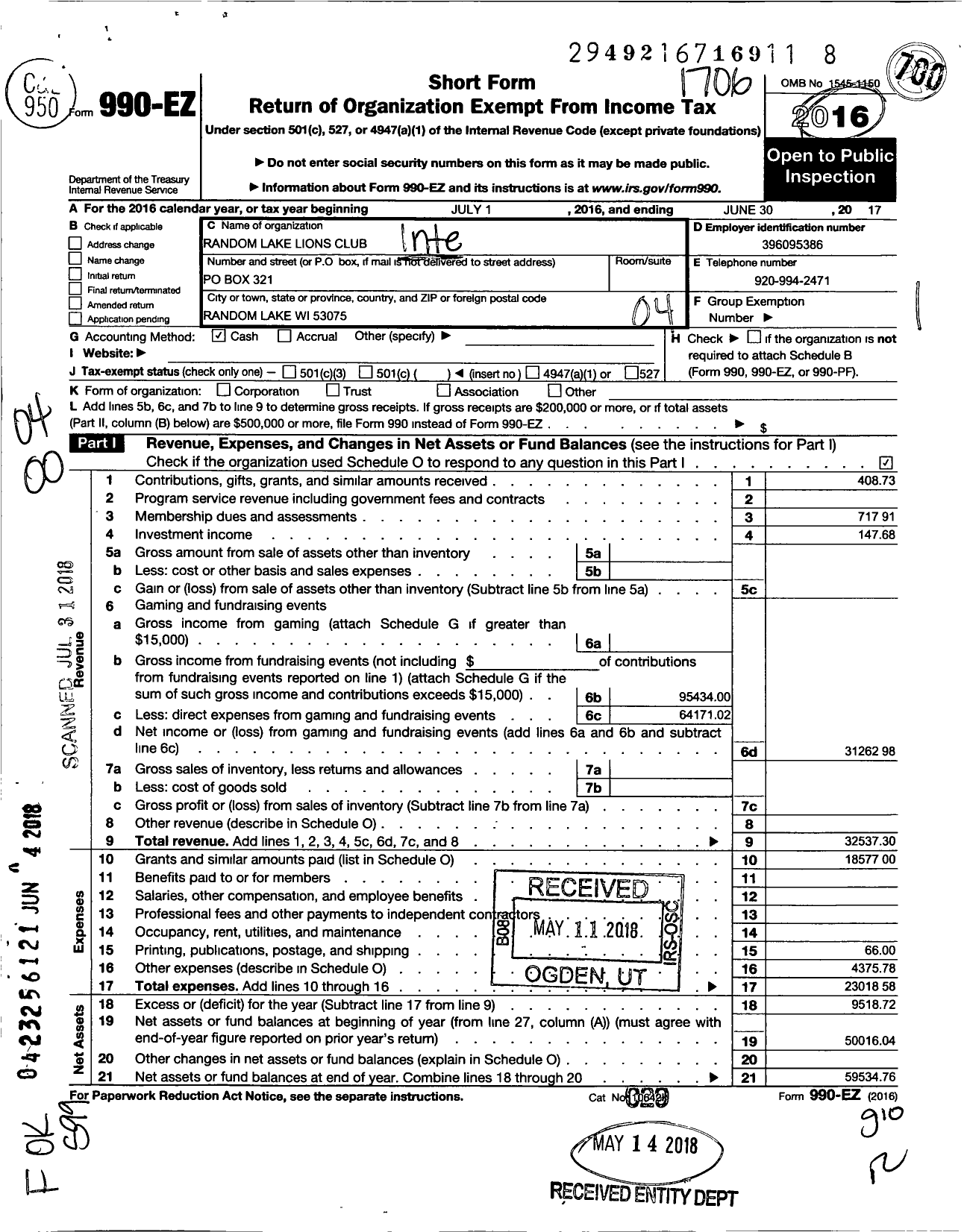 Image of first page of 2016 Form 990EO for Lions Clubs - 10444 Random Lake