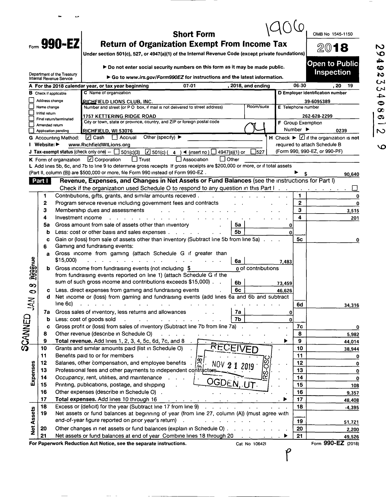 Image of first page of 2018 Form 990EO for Lions Clubs - 10396 Richfield