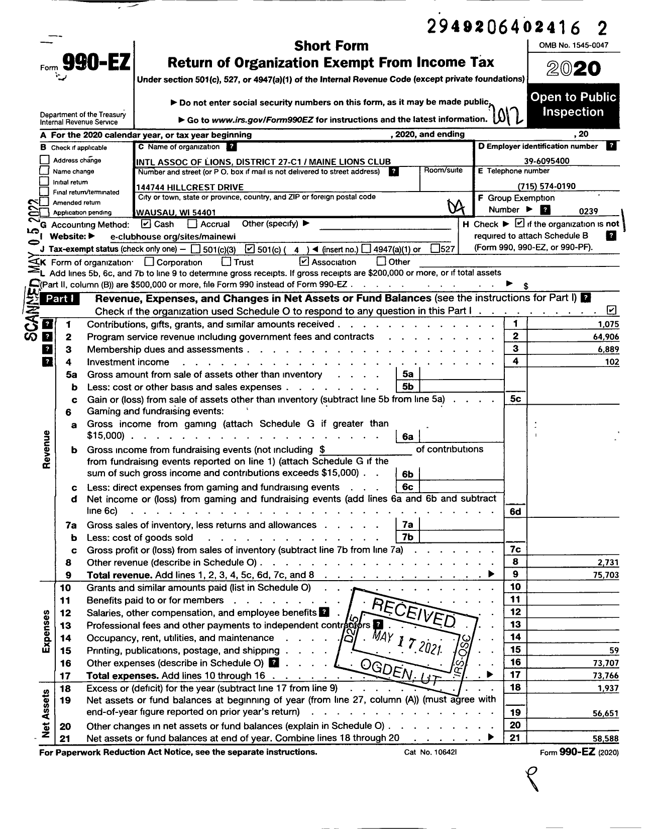 Image of first page of 2020 Form 990EO for Lions Clubs - 10538 Maine