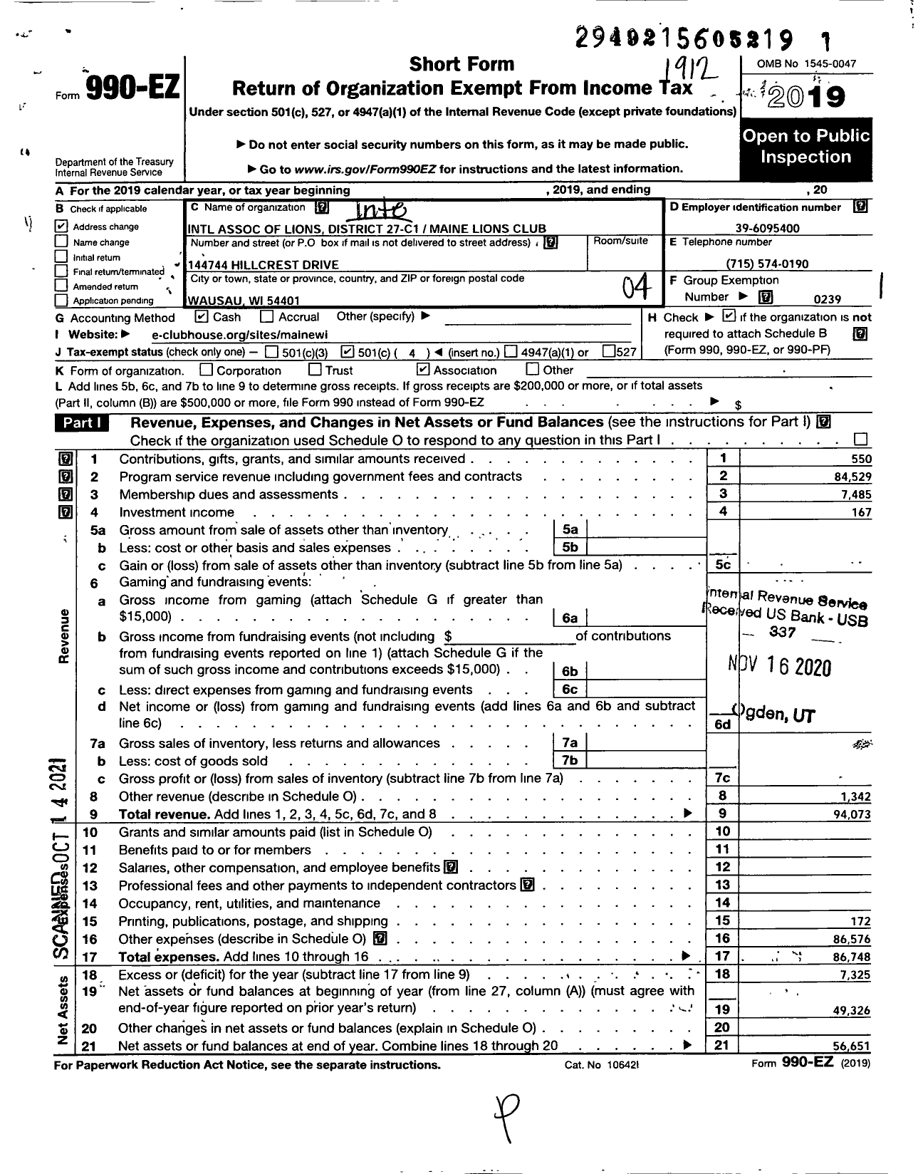 Image of first page of 2019 Form 990EO for Lions Clubs - 10538 Maine