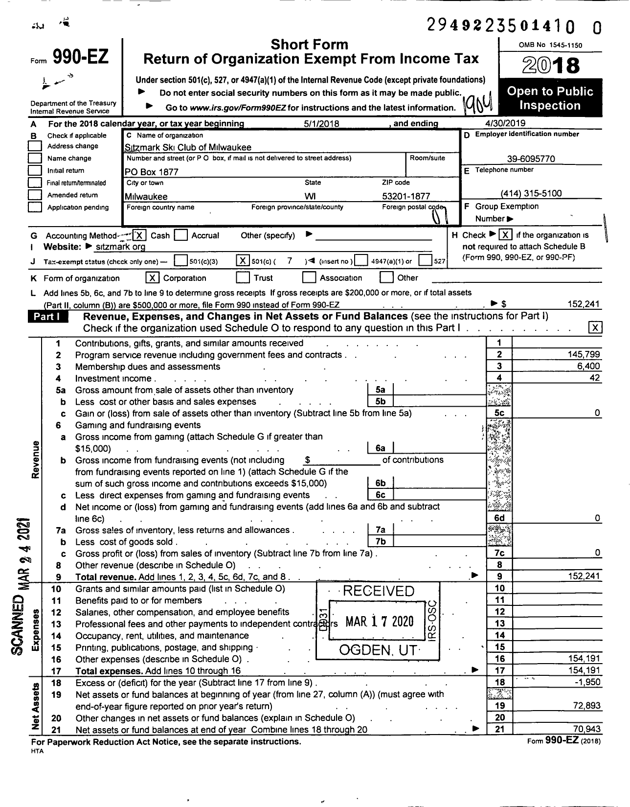 Image of first page of 2018 Form 990EO for Sitzmark Ski Club of Milwaukee