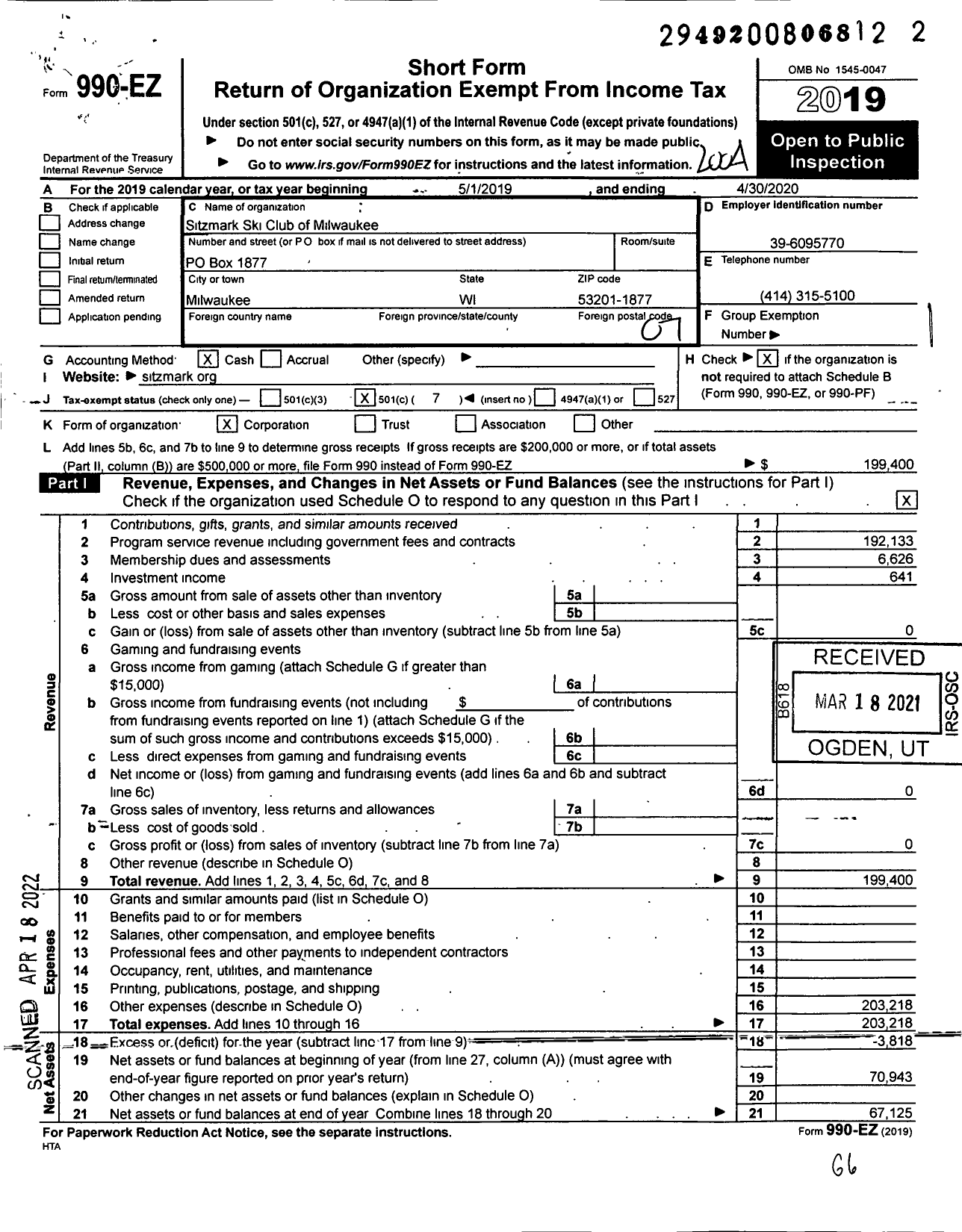 Image of first page of 2019 Form 990EO for Sitzmark Ski Club of Milwaukee