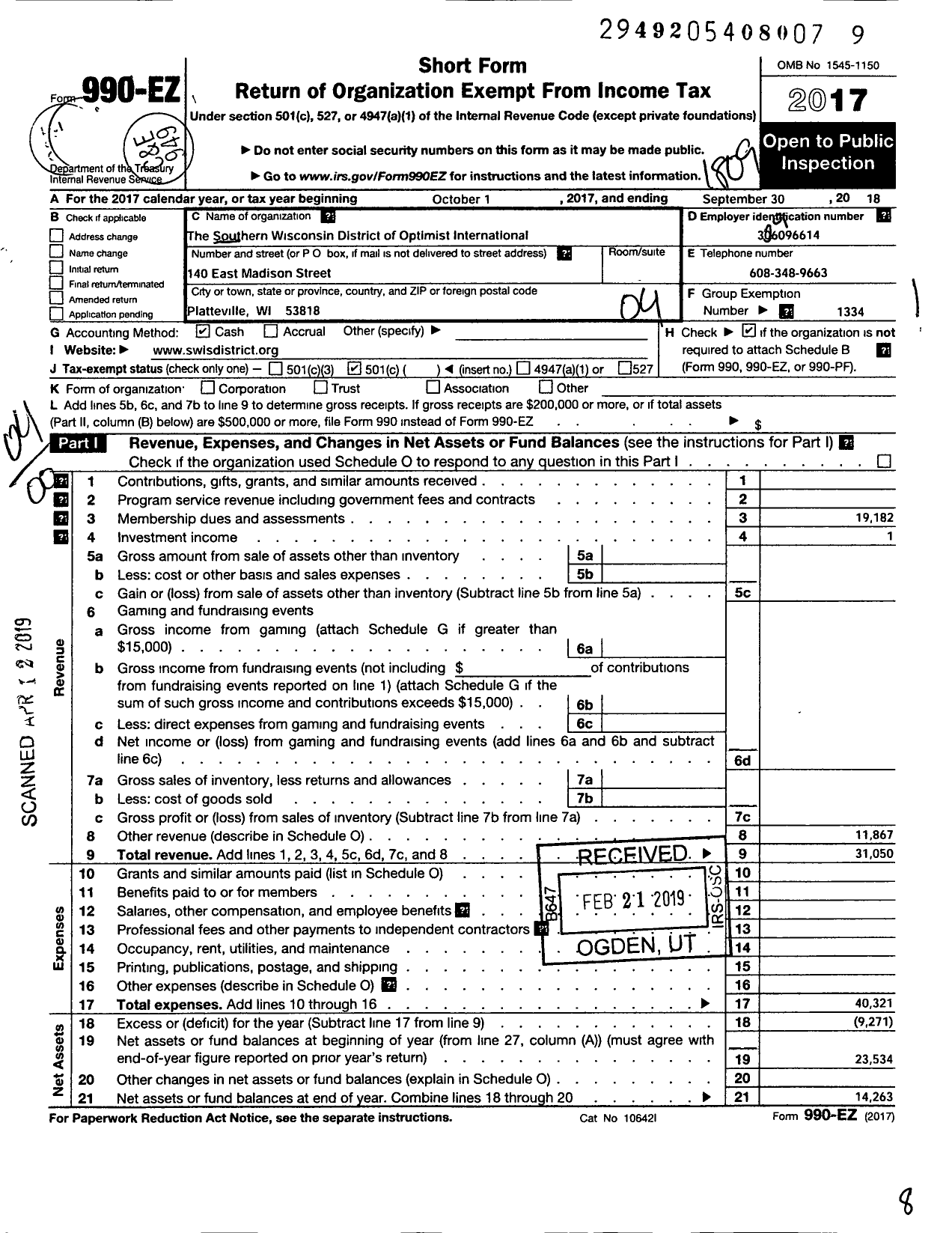 Image of first page of 2017 Form 990EO for Optimist International - 09999 Southern Wisconsin District