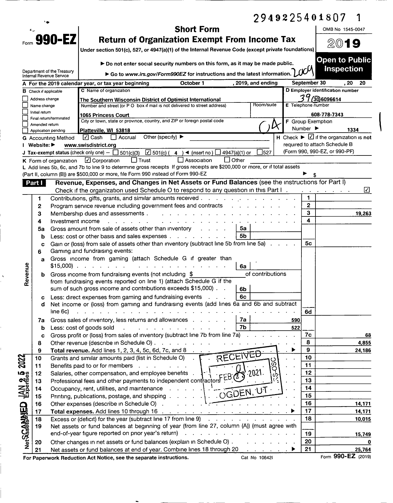 Image of first page of 2019 Form 990EO for Optimist International - 09999 Southern Wisconsin District