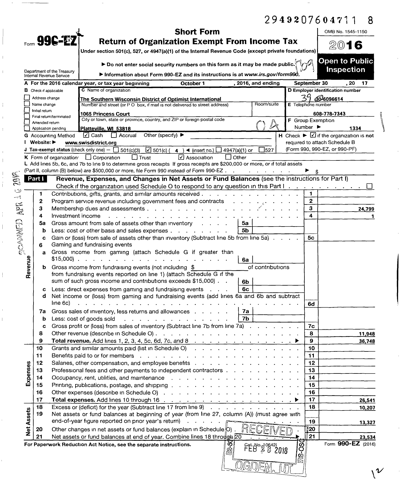 Image of first page of 2016 Form 990EO for Optimist International - 09999 Southern Wisconsin District